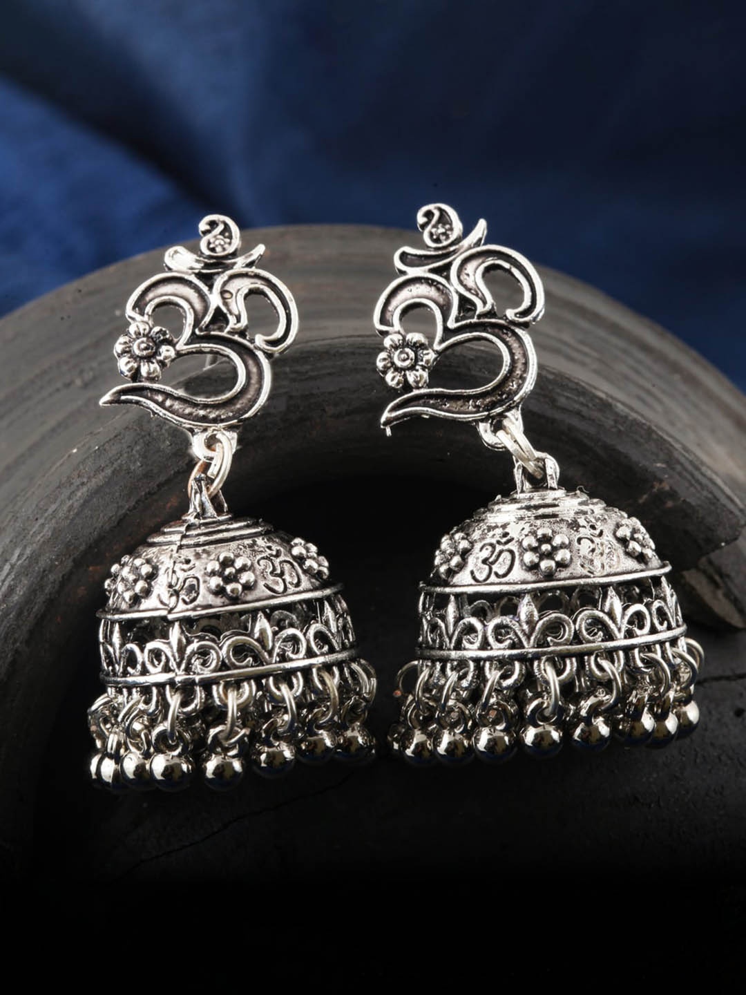 

MEENAZ Silver-Plated Oxidised Dome-Shaped Jhumkas