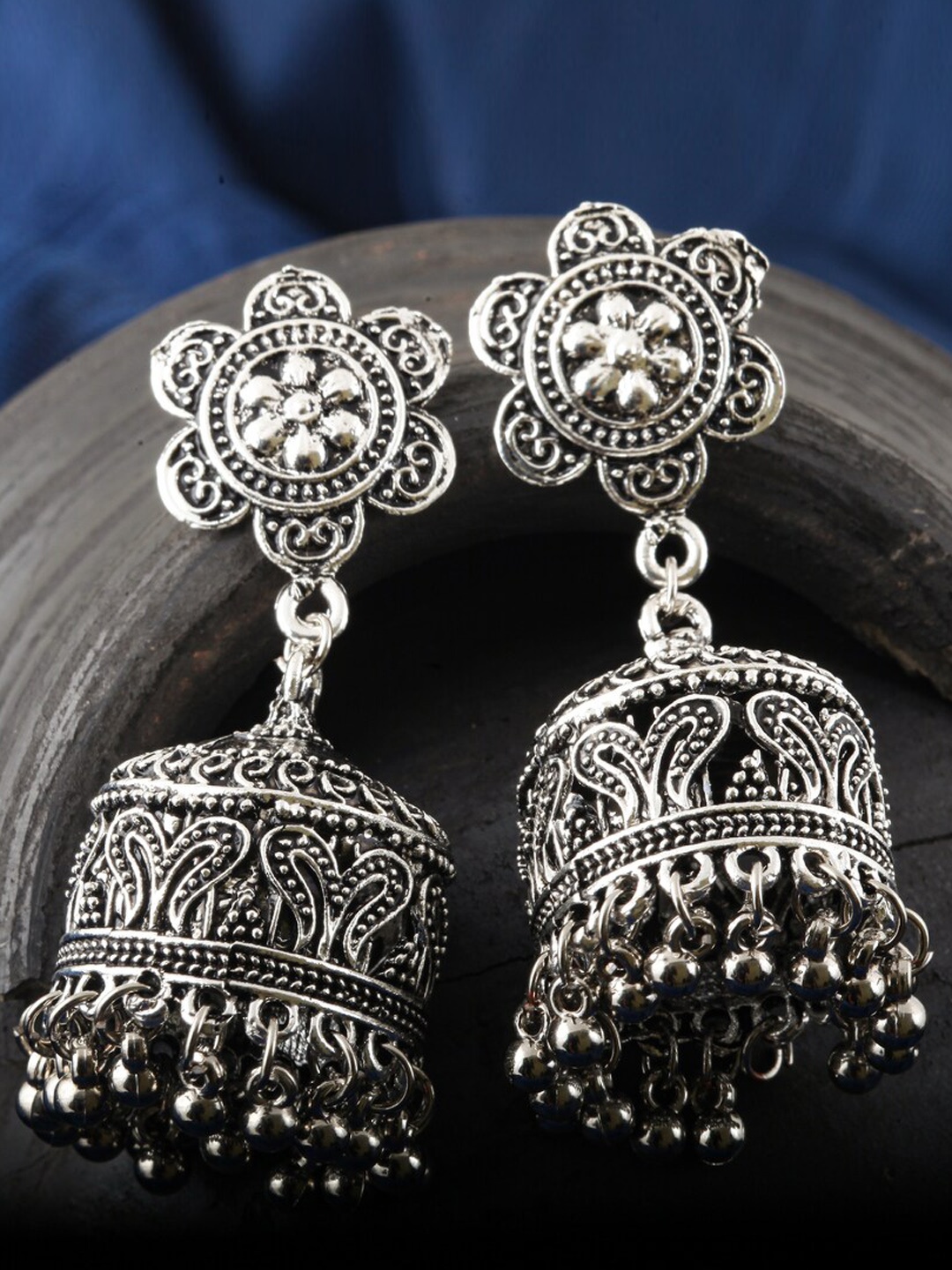 

MEENAZ Silver-Plated Stainless Steel Beaded Oxidised Contemporary Jhumkas