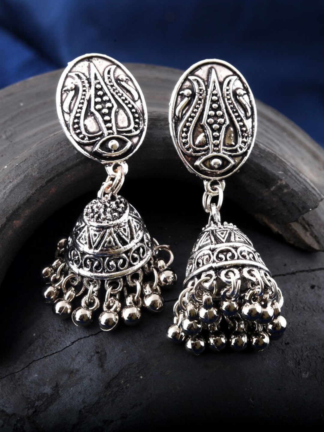 

MEENAZ Silver-Plated Stainless Steel Beaded Oxidised Contemporary Jhumkas