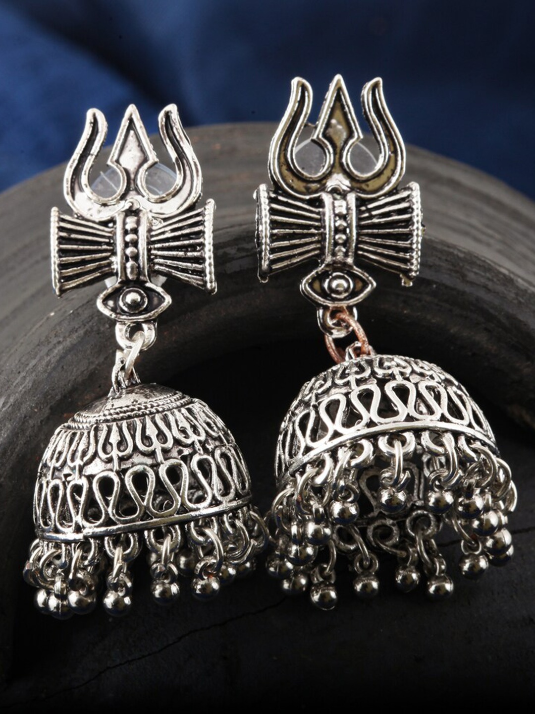 

MEENAZ Silver-Plated Dome Shaped Oxidised Jhumkas