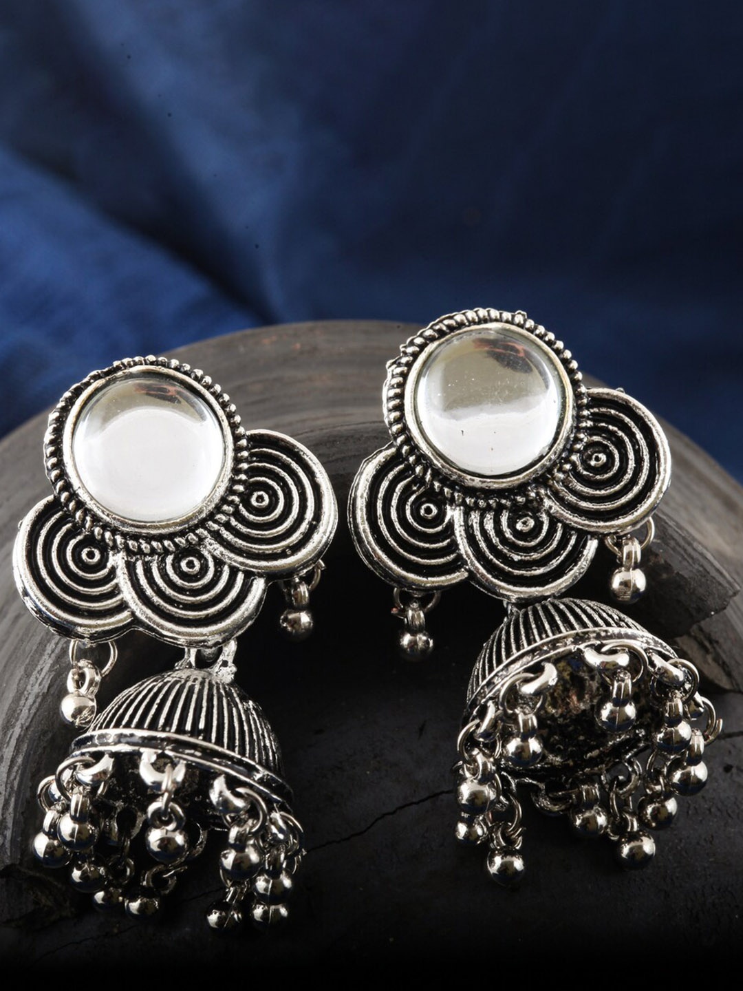 

MEENAZ Silver-Plated Stainless Steel Beaded Oxidised Contemporary Jhumkas