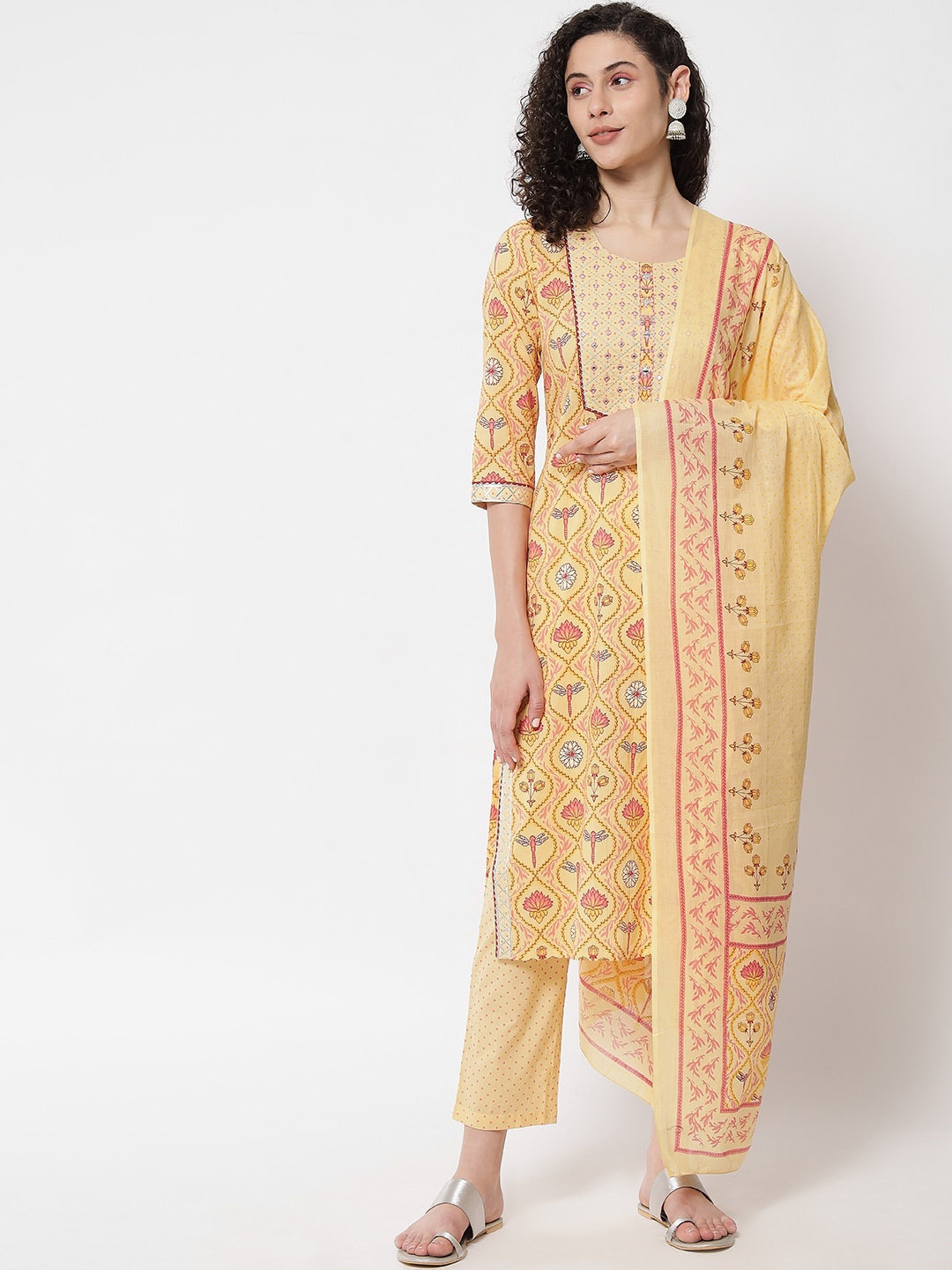AAYUMI Floral Printed Mirror Work Pure Cotton Kurta with Trousers & Dupatta, Yellow