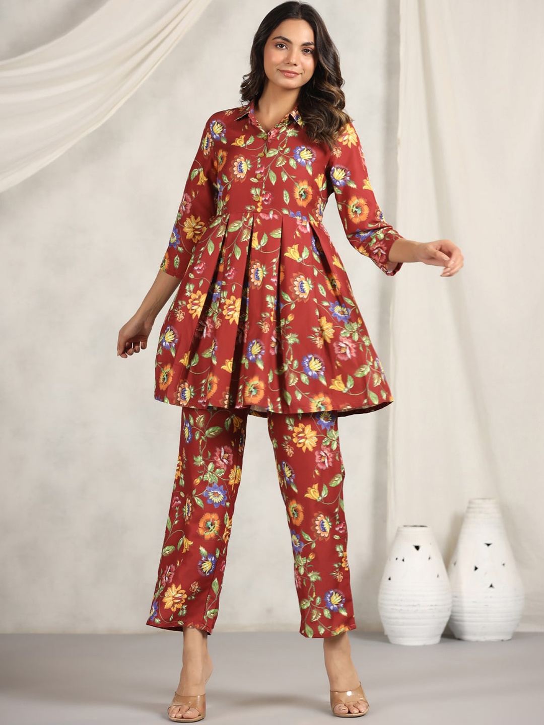 

soan Floral Printed Shirt Collar Pleated A-Line Kurti With Trouser, Rust