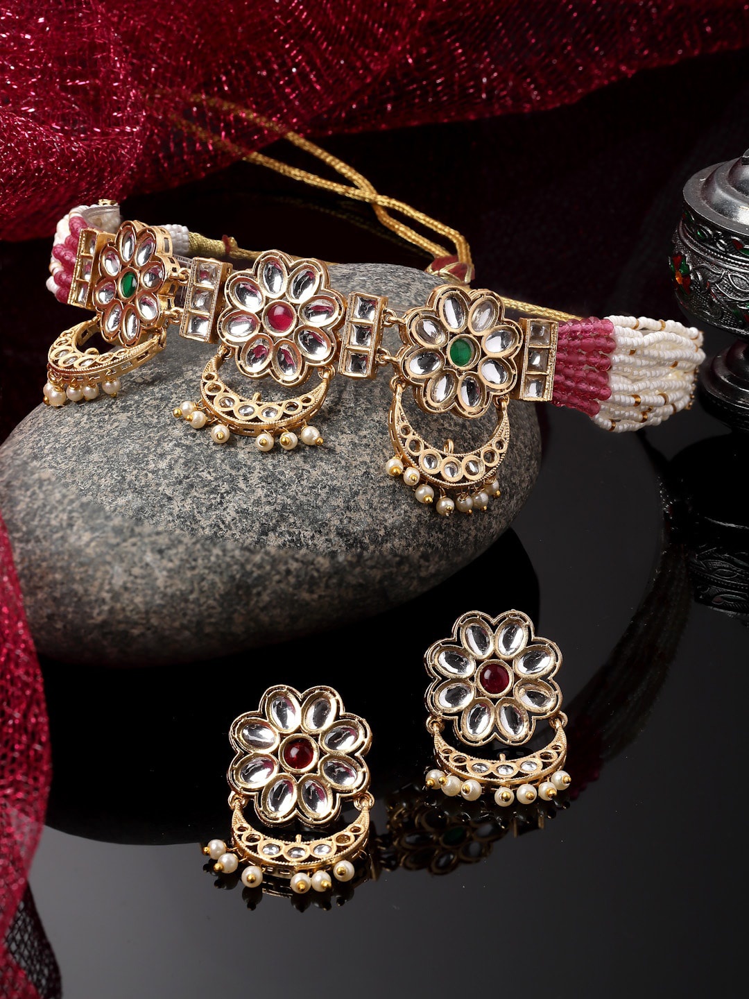 

PANASH Gold-Plated Kundan-Studded & Beaded Jewellery Set