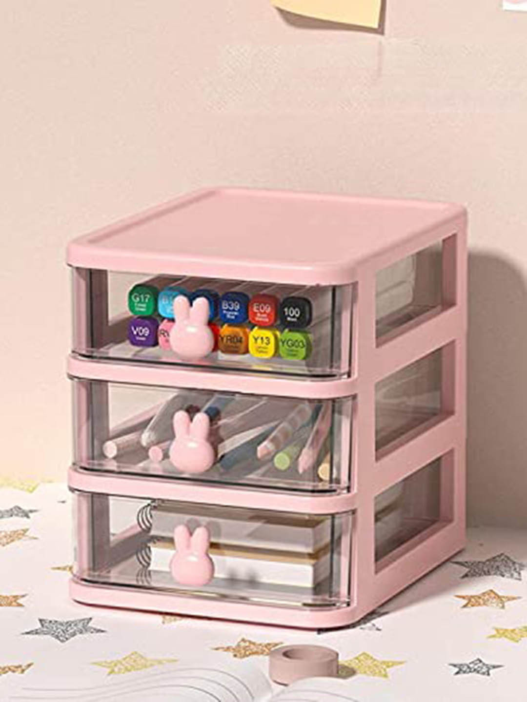 

HOUSE OF QUIRK Pink 3 Tier Transparent Drawer Storage Box Organiser