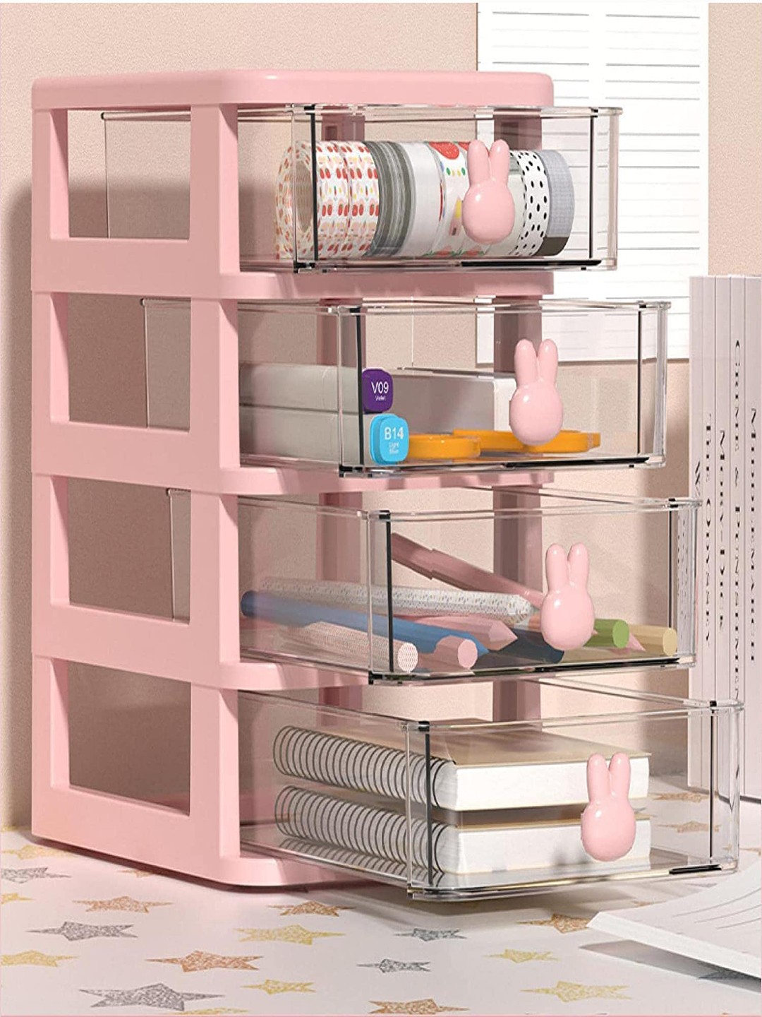 

HOUSE OF QUIRK Pink 2 Tier Transparent Desktop Drawer Storage Box Organiser