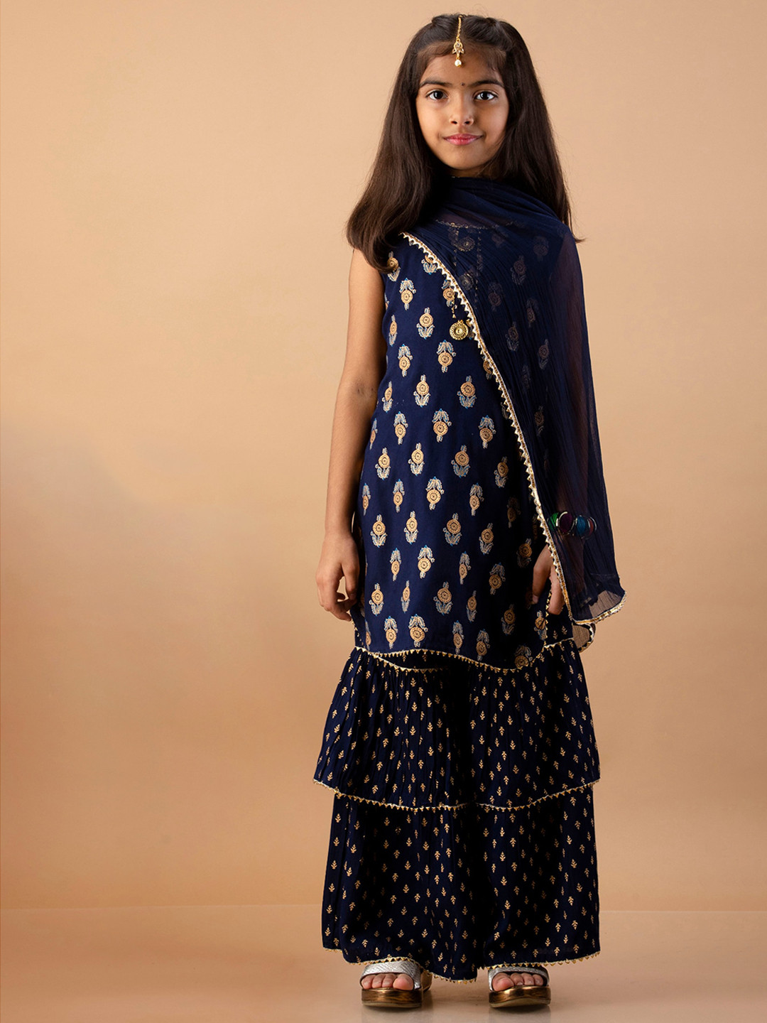 

BAESD Girls Ethnic Motifs Printed Gotta Patti A Line Kurta With Sharara & Dupatta, Blue