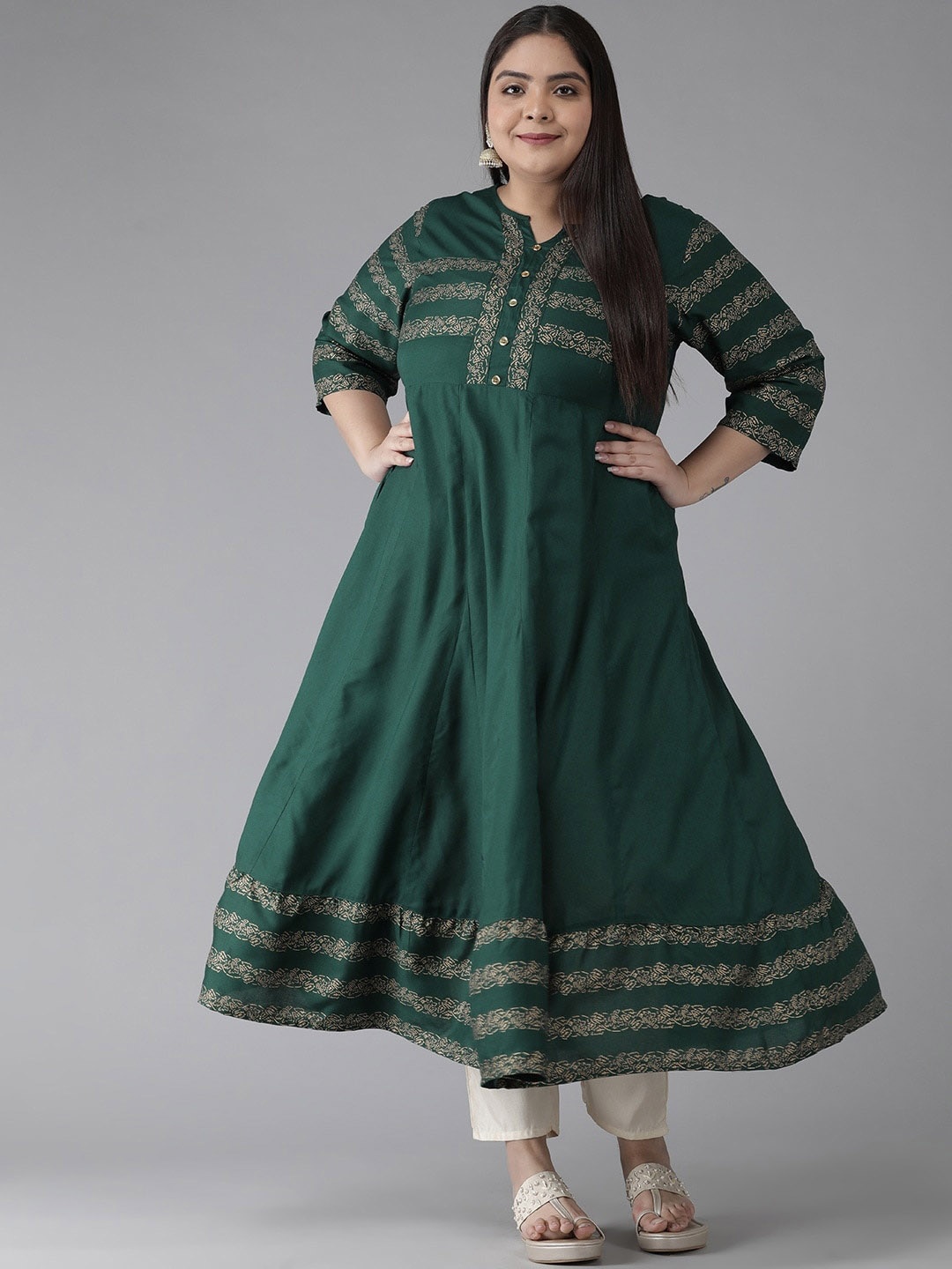 

YASH GALLERY Floral Yoke Design A-Line Kurta, Green