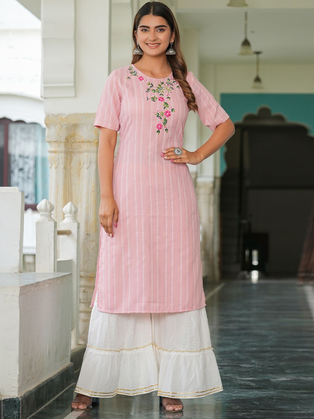 

YASH GALLERY Striped Round Neck Thread Work Straight Kurta, Pink