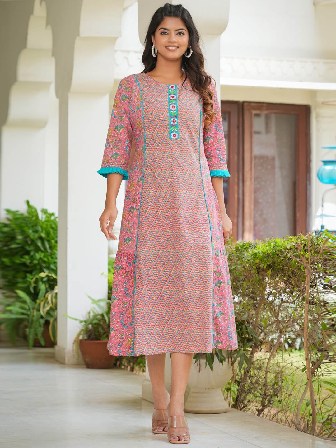 

YASH GALLERY Geometric Printed Cotton A-Line Midi Ethnic Dress, Pink