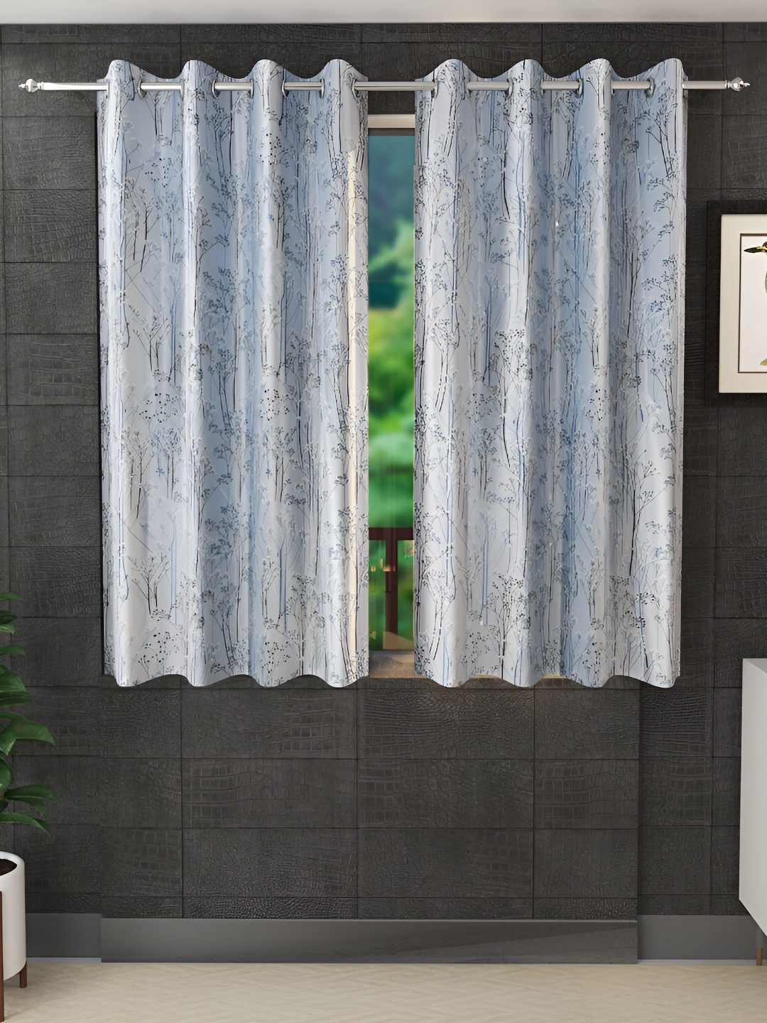 

Stella Creations Blue & Grey 2 Pieces Floral Print Room Darkening Window Curtains