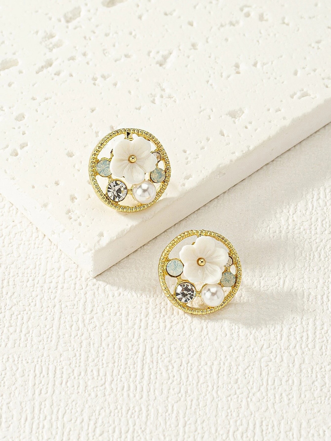 

Krelin Gold-Plated Floral Pearl Stone-Studded Stud Earrings