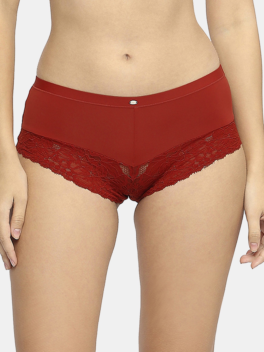 

SOIE Women Mid Rise Medium Coverage Lace Shorty Cheeky Panty FP-1550RUST-RUST, Red