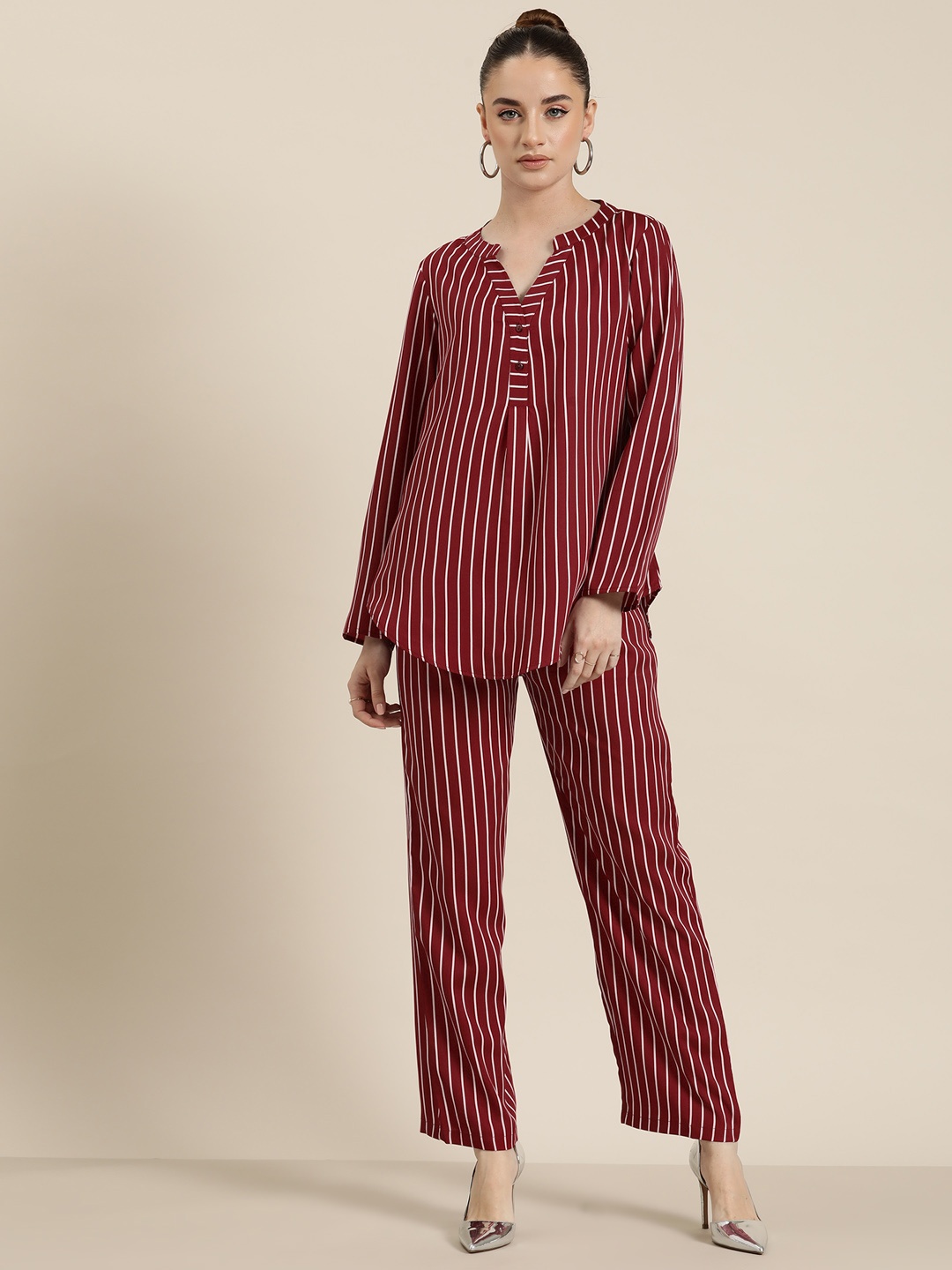 

Qurvii Striped Crepe Co-Ords, Maroon