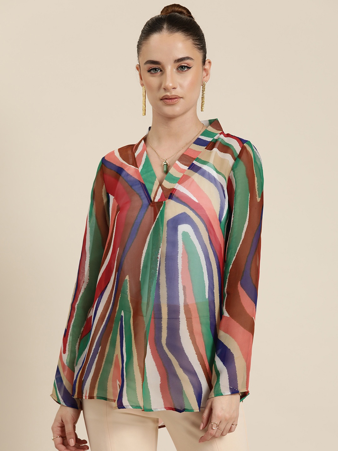 

Qurvii Striped Mandarin Collar Georgette Top, Multi