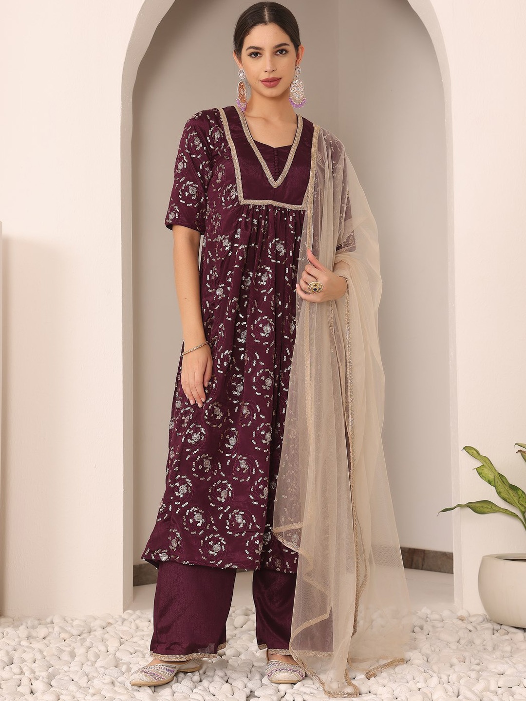 

Ethnovog Sequin Embellished A-Line Kurta & Trousers With Dupatta, Purple