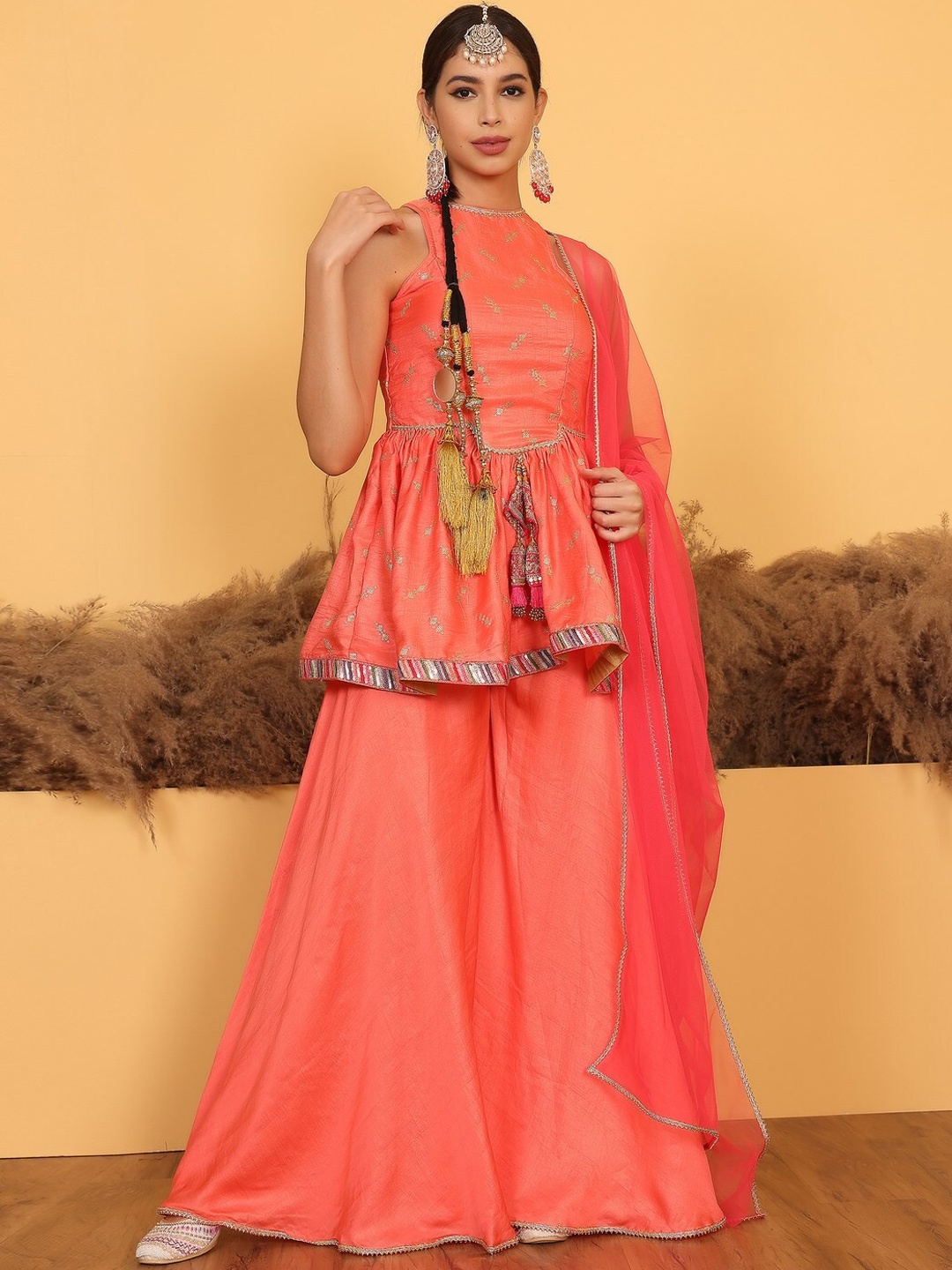 

Ethnovog Ethnic Motifs Woven Design Sequinned Kurti With Palazzos & Dupatta, Peach