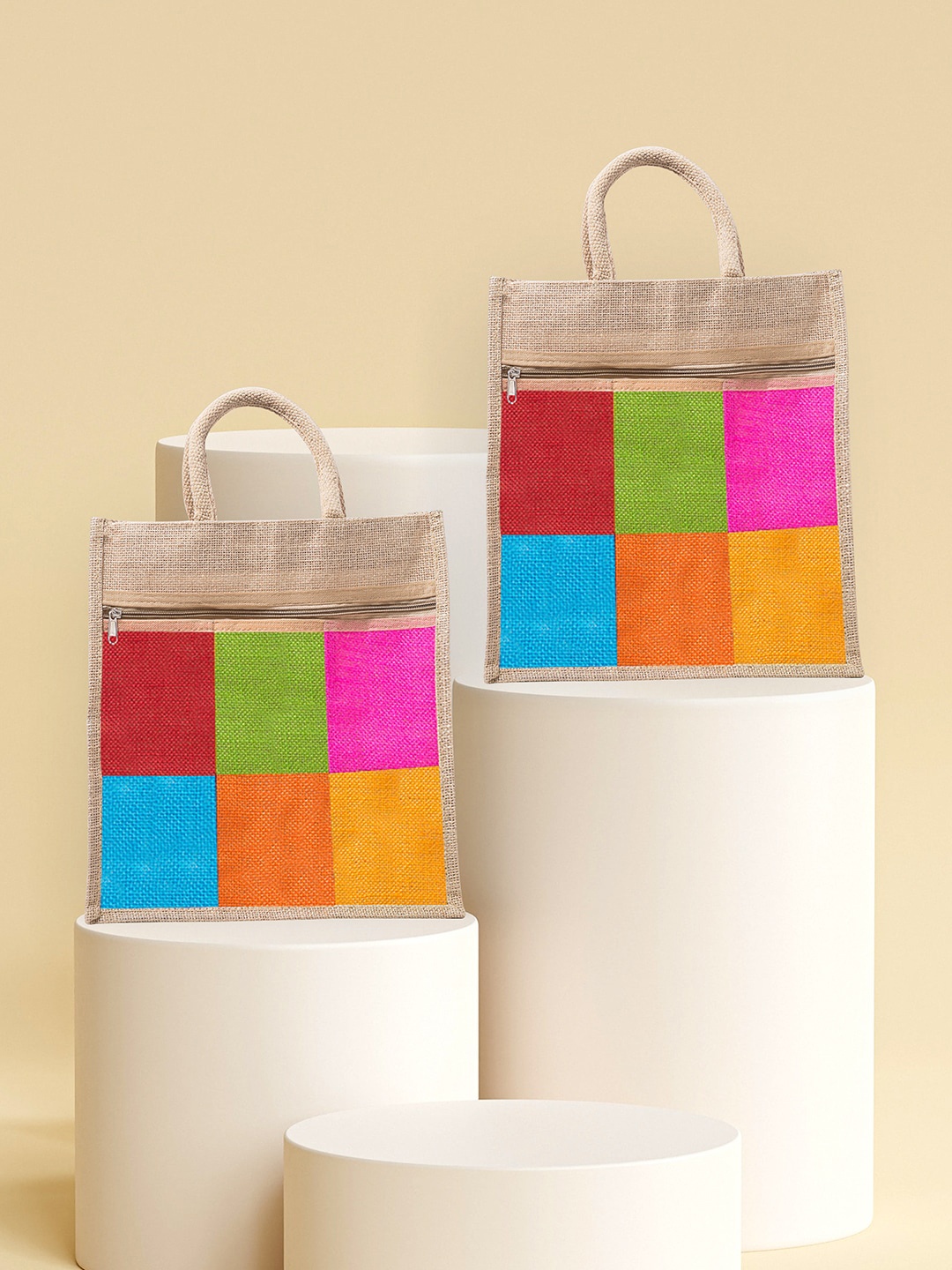 

Golden Peacock Set of 2 Colourblocked Structured Handheld Bag, Beige