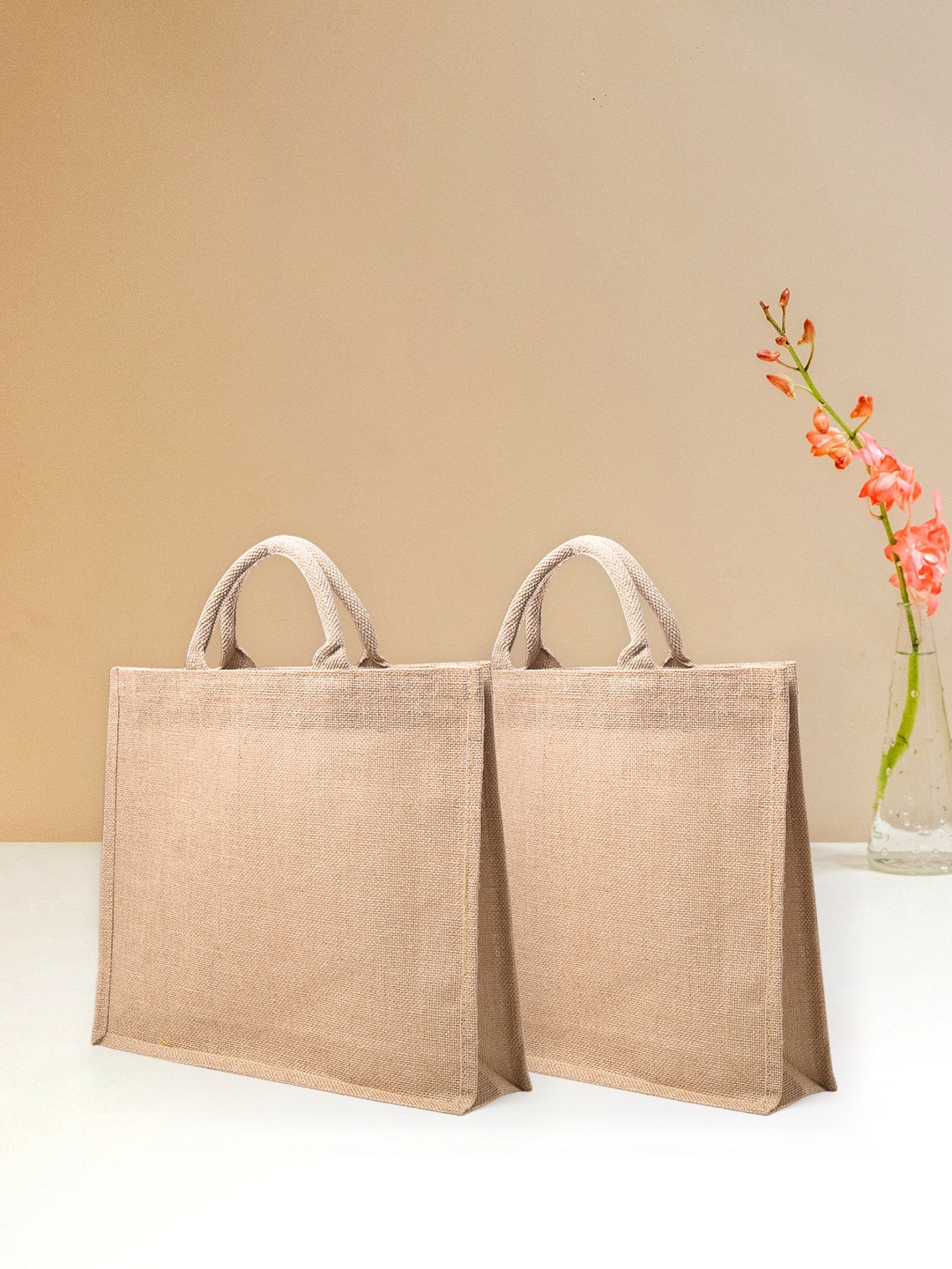 Golden Peacock Set Of 2 Textured Structured Jute Handheld Bag, Brown