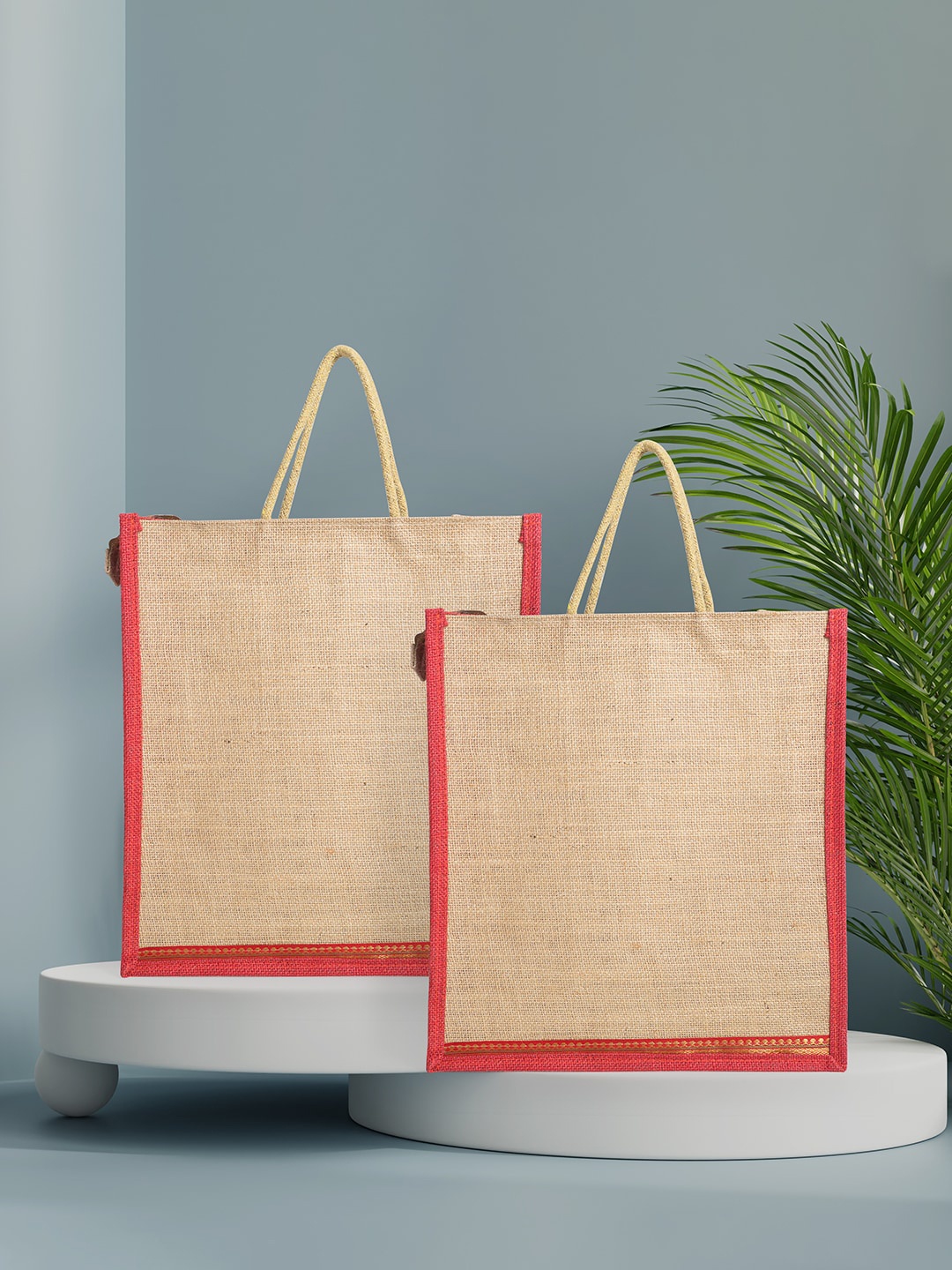 Golden Peacock Set Of 2 Textured Structured Jute Handheld Bag, Brown