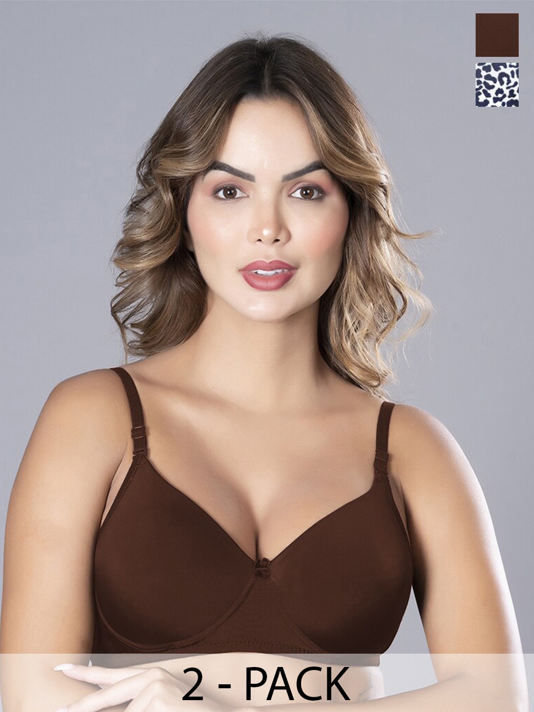 

NIGHTHOPE Pack Of 2 Animal Printed Medium Coverage Super Support Bra Everyday Bra, Coffee brown