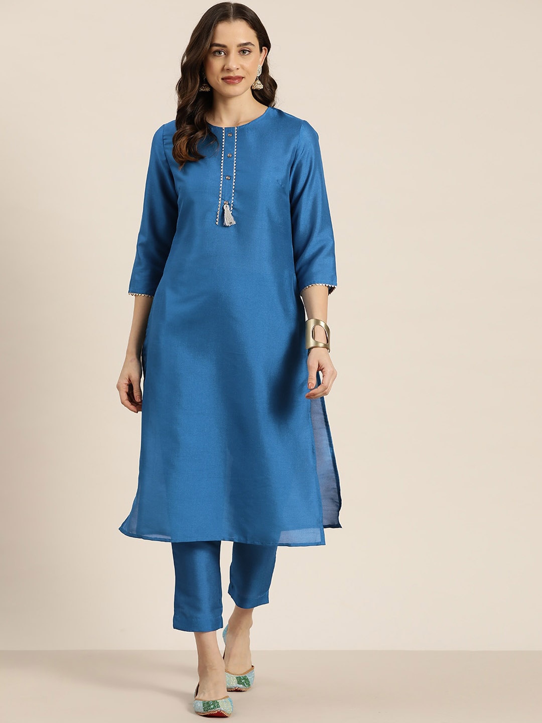 

HERE&NOW Round Neck Gotta Patti Straight Kurta, Blue