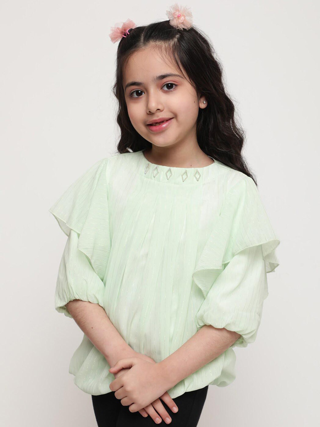 

BAESD Girls Vertical Striped Puff Sleeves Pleated Detailed Blouson Top, Green