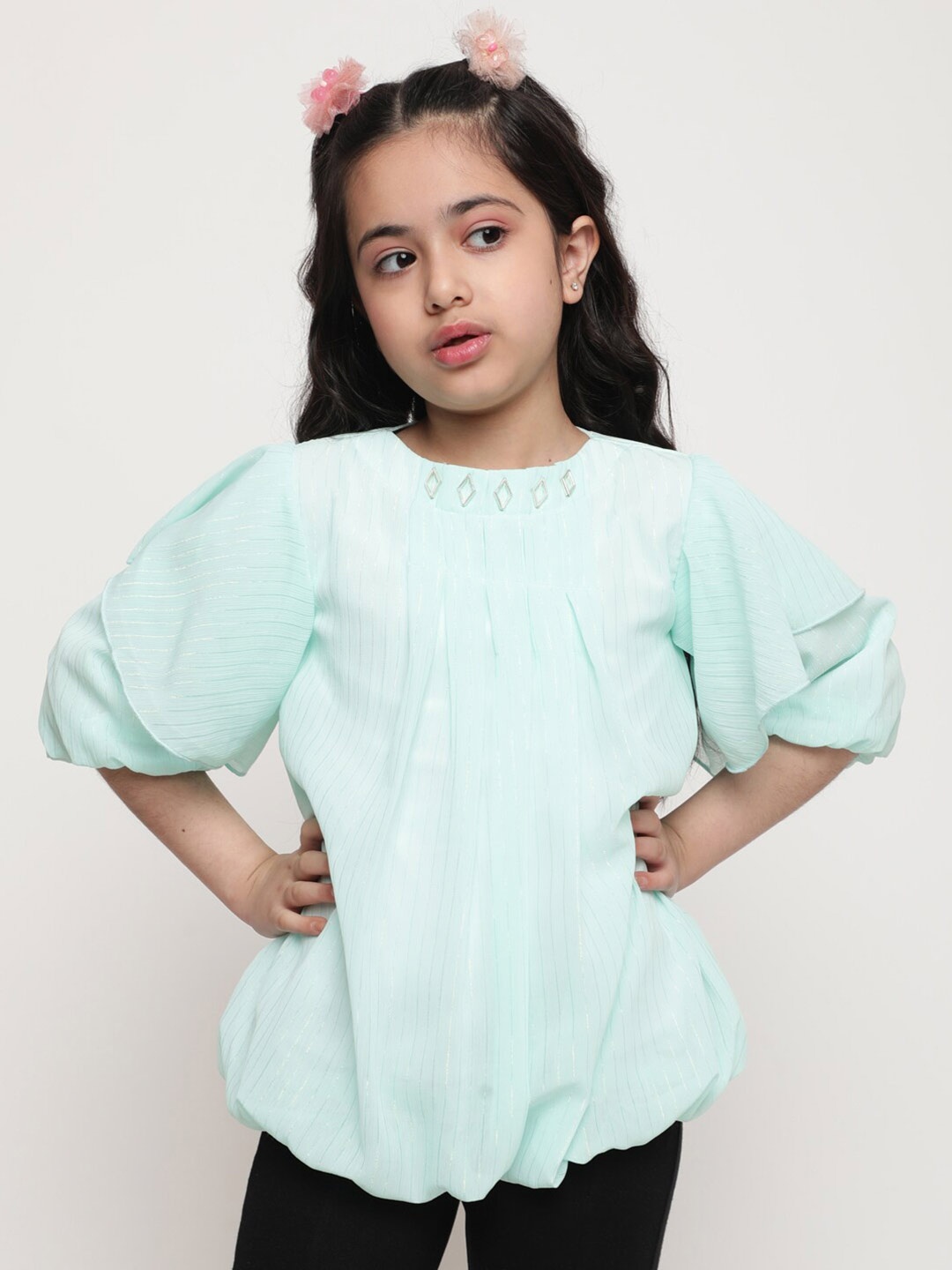 

BAESD Girls Vertical Striped Puff Sleeves Pleated Detailed Blouson Top, Sea green
