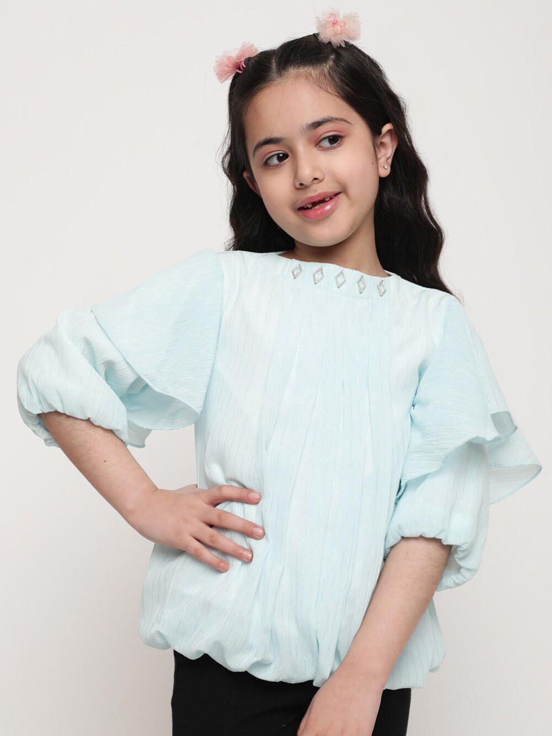 

BAESD Girls Round Neck Flared Sleeves Blouson Top, Blue