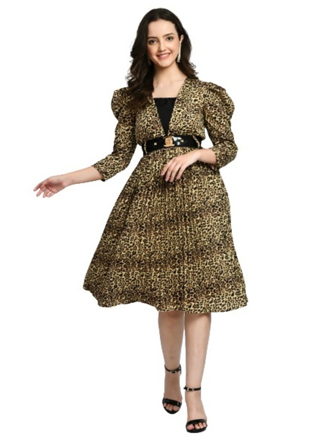 

BAESD Animal Printed Puff Sleeves Fit and Flare Dress, Brown