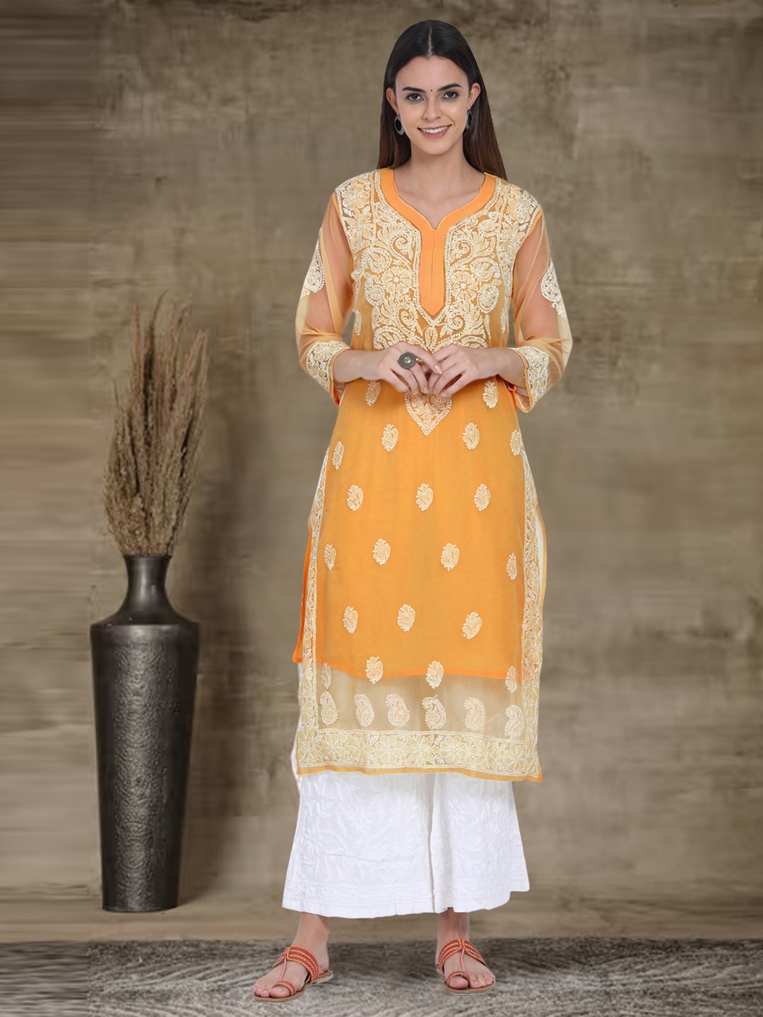 

PARAMOUNT CHIKAN Ethnic Motifs Embroidered Chikankari Georgette Kurta With Slip, Orange