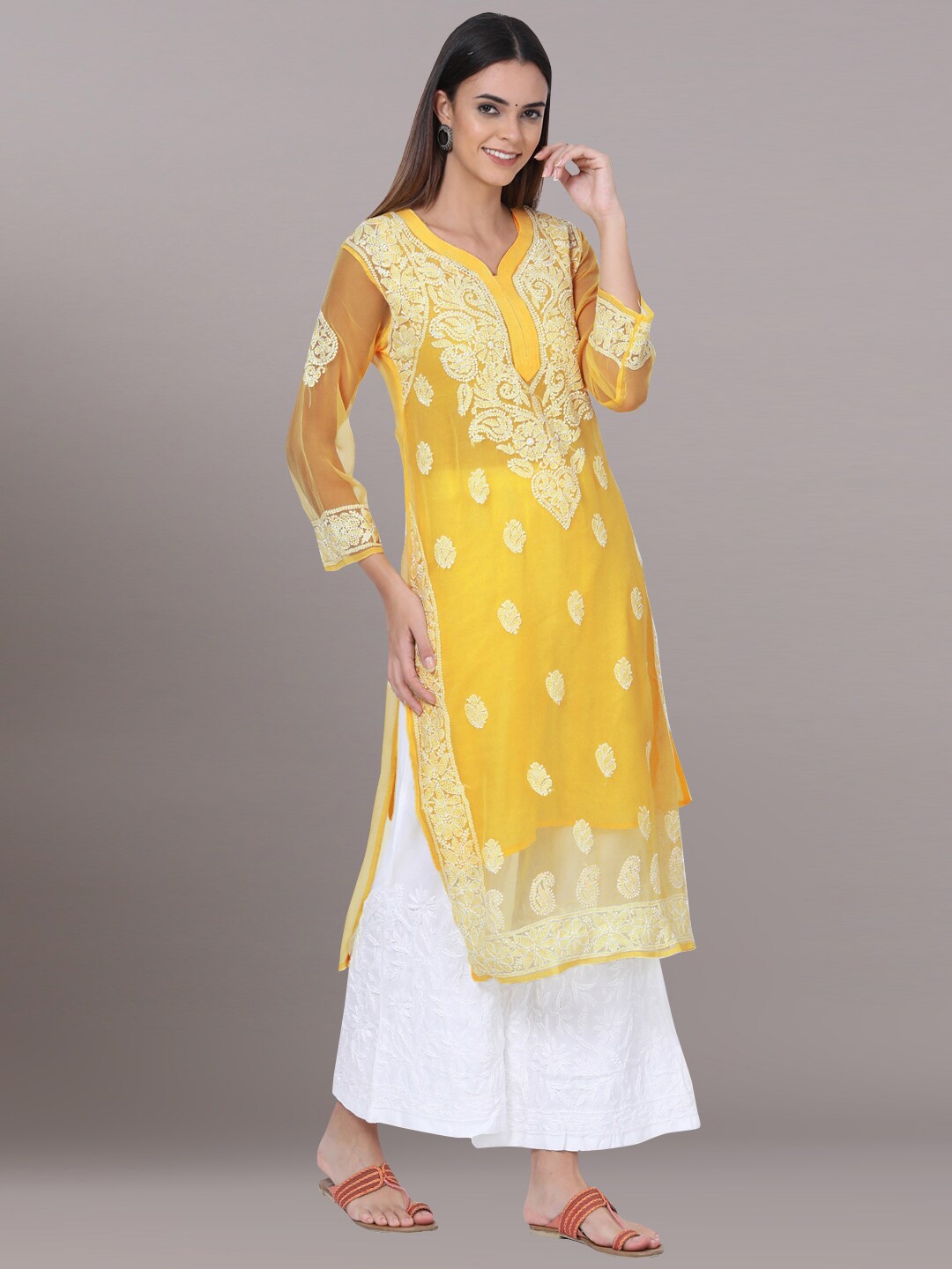 

PARAMOUNT CHIKAN Ethnic Motifs Embroidered Chikankari Georgette Kurta With Slip, Yellow