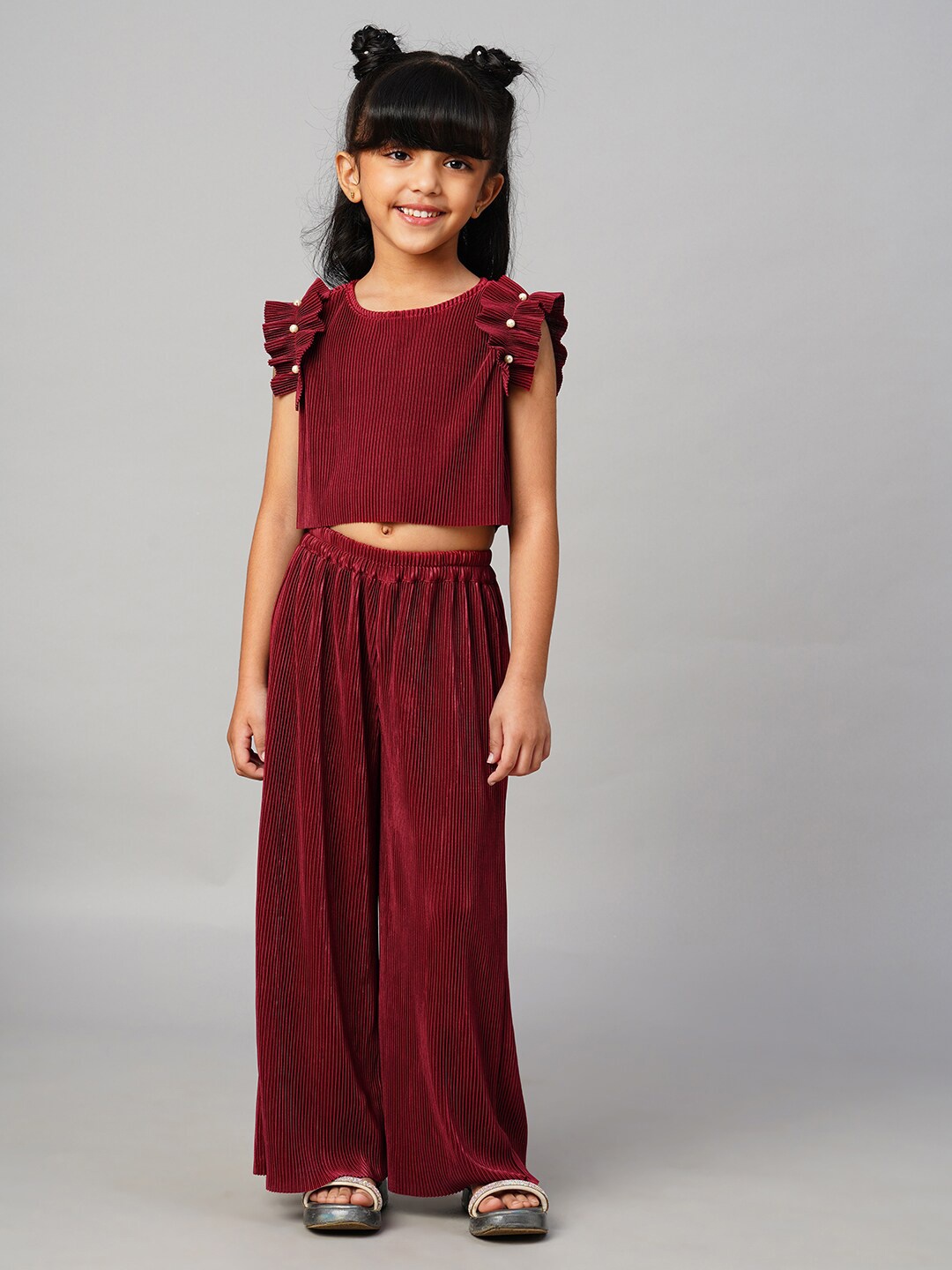 

LIL DRAMA Girls Round Neck Top with Palazzos, Maroon