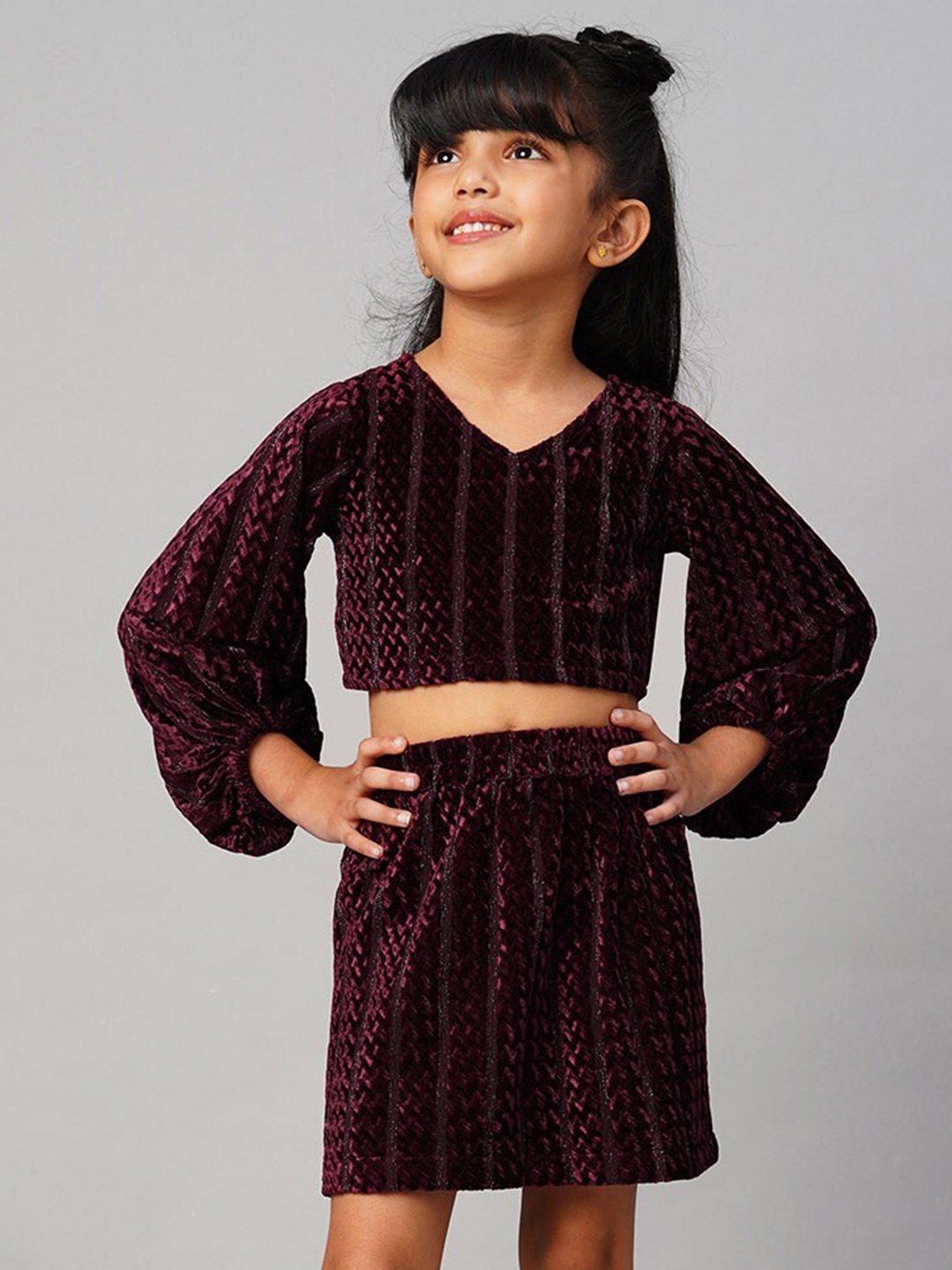 

LIL DRAMA Girls Self Design Top with Skirt, Purple