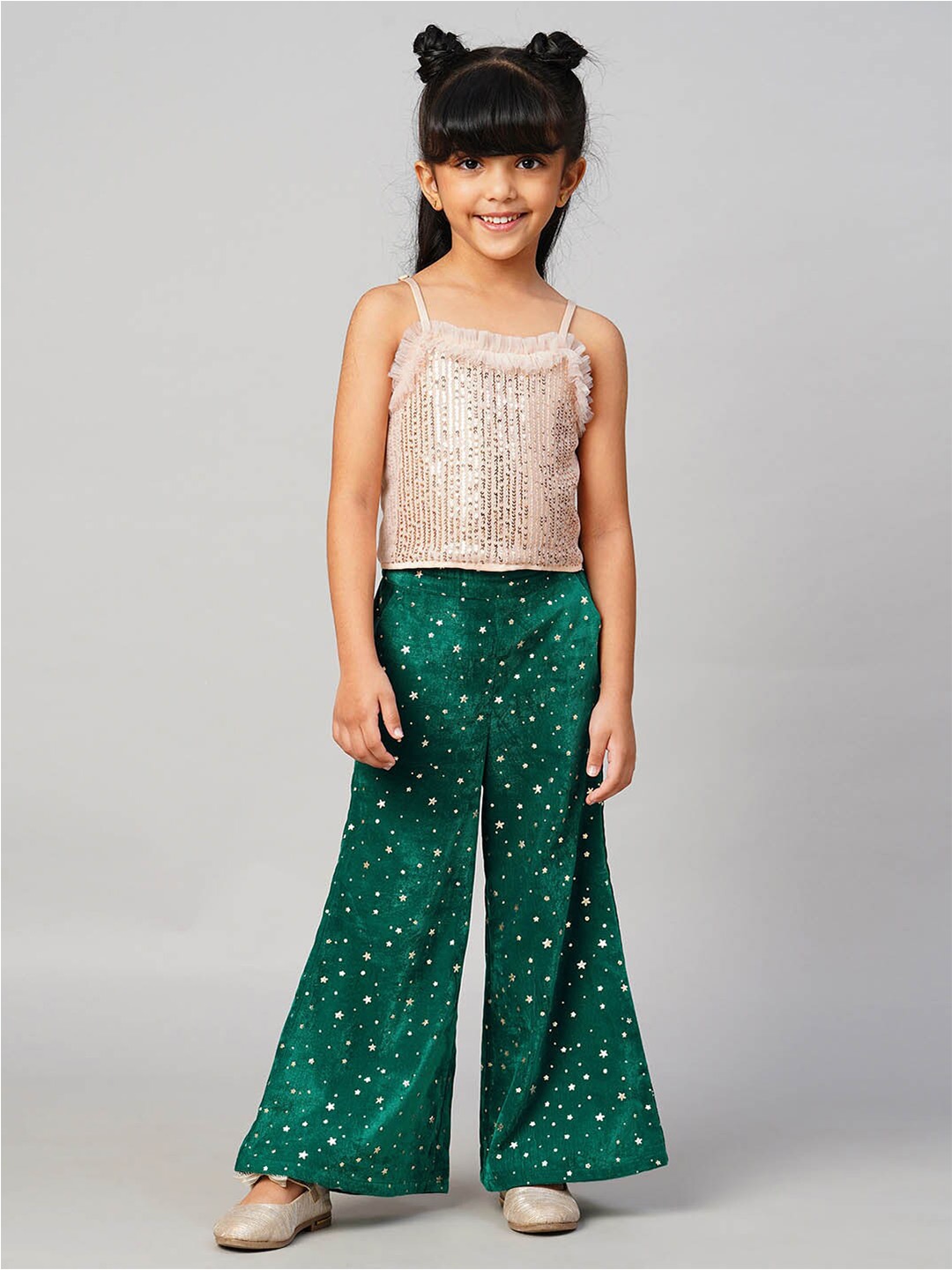

LIL DRAMA Girls Embellished Shoulder Straps Top With Palazzos, Green