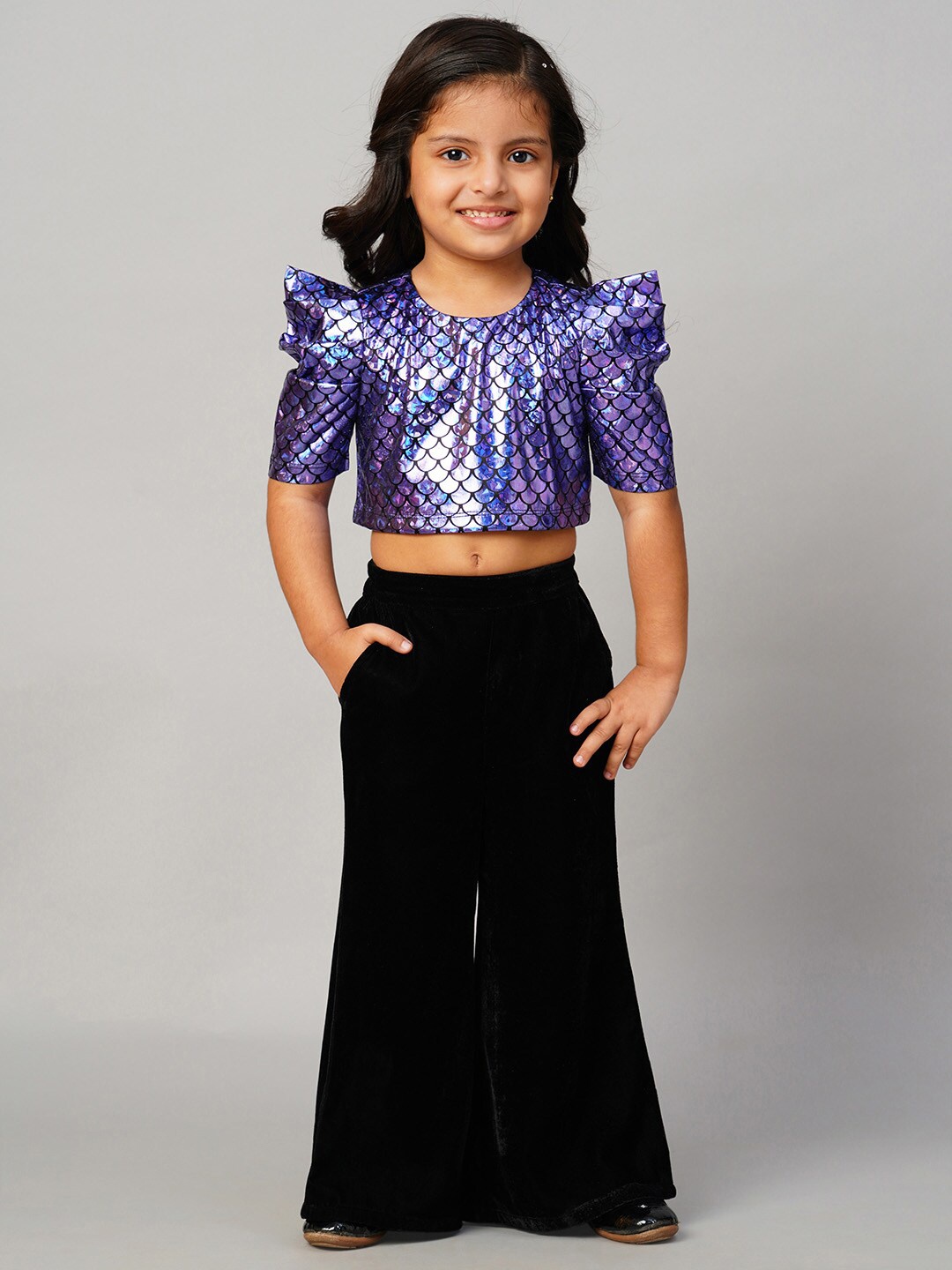 

LIL DRAMA Girls Embellished Top with Pyjamas, Purple