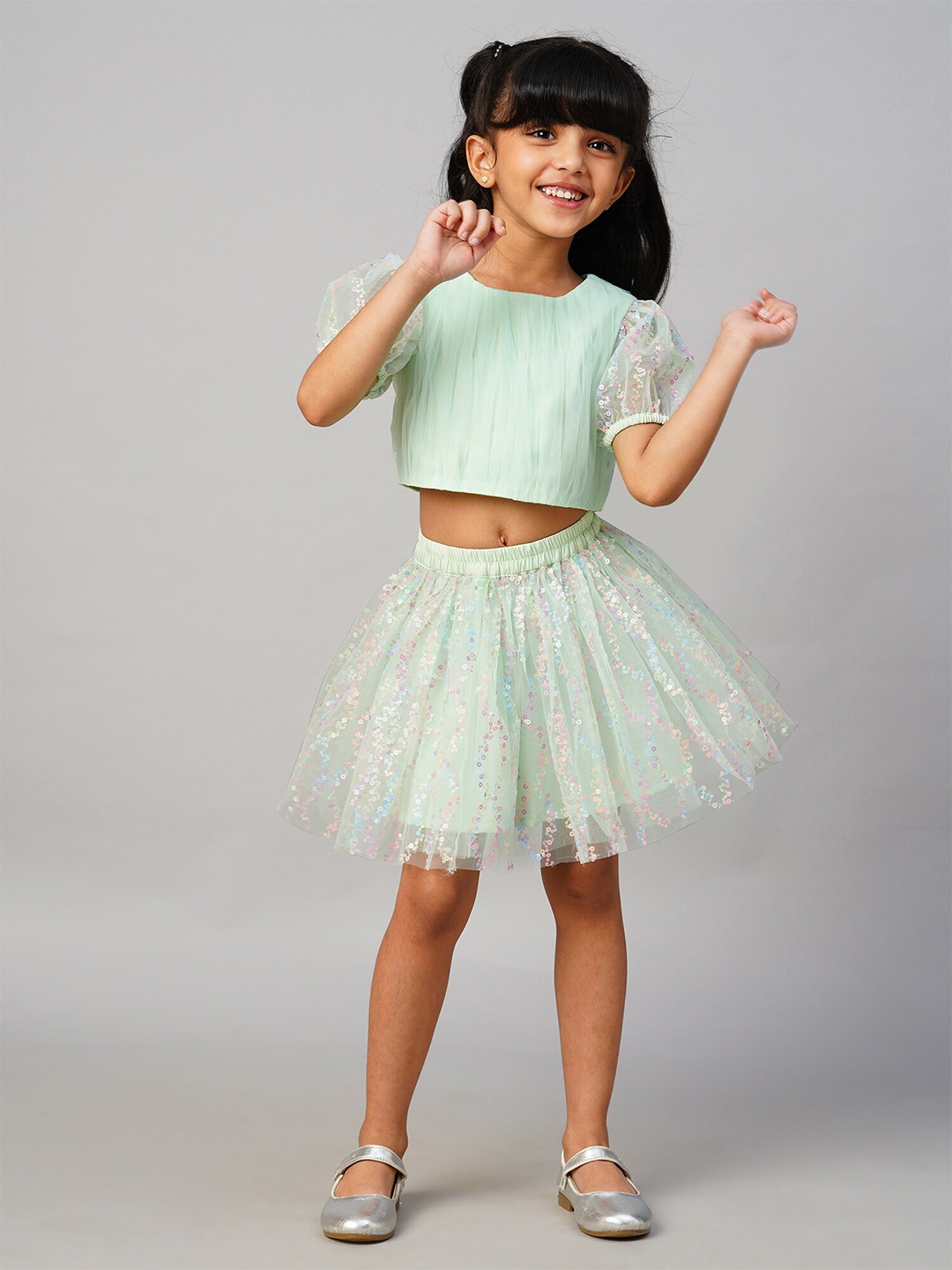 

LIL DRAMA Girls Round Neck Top with Skirt, Sea green