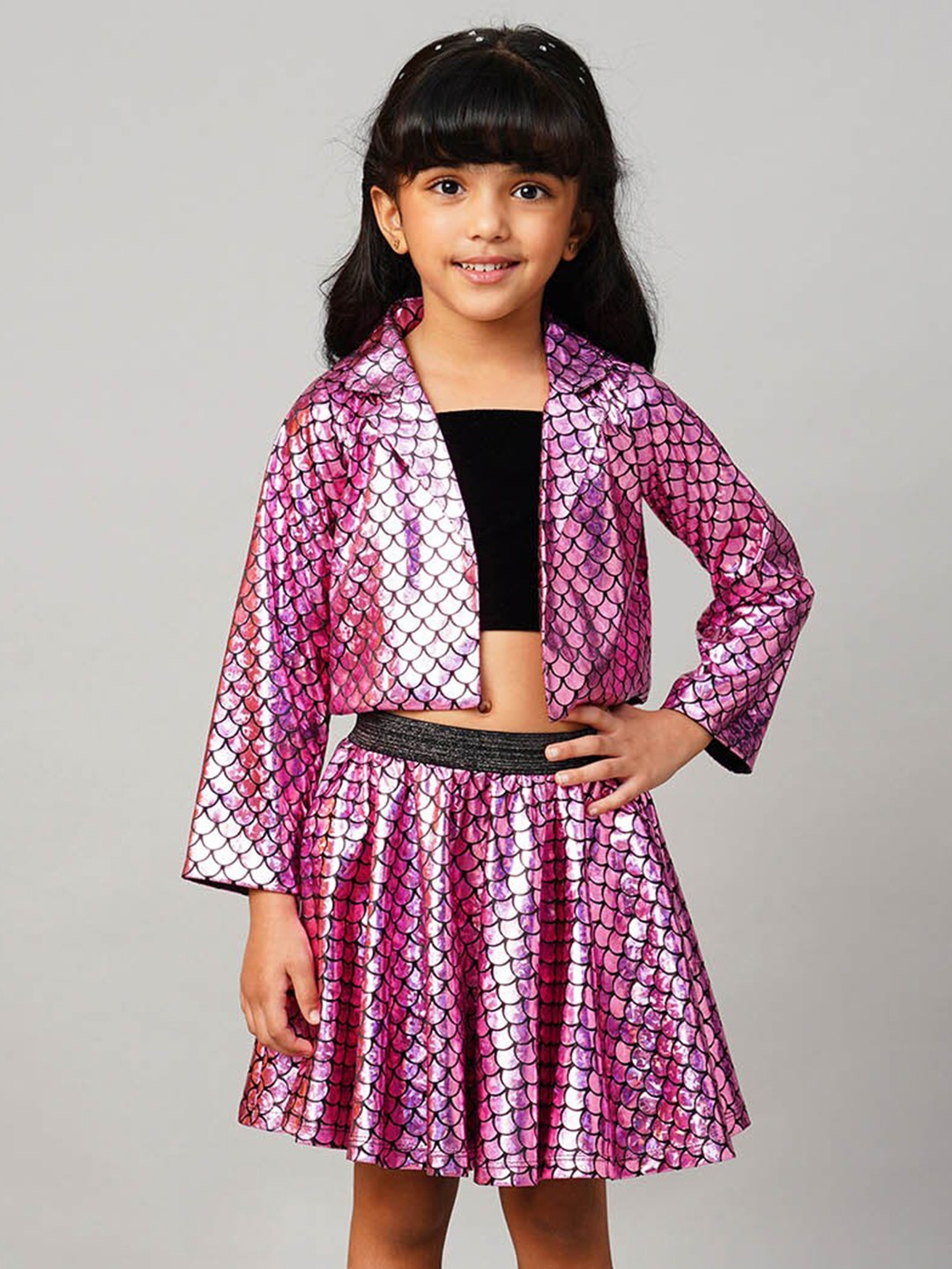 

LIL DRAMA Girls Embellished Shirt Collar Long Sleeve Jacket With Skirt, Pink