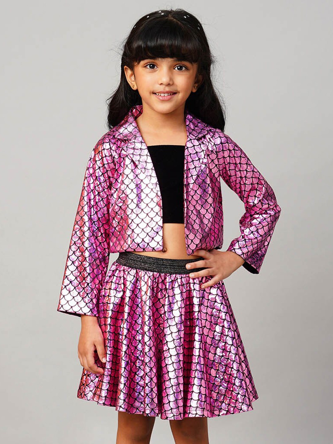 

LIL DRAMA Girls Embellished Jacket With Skirt And Bustier, Pink