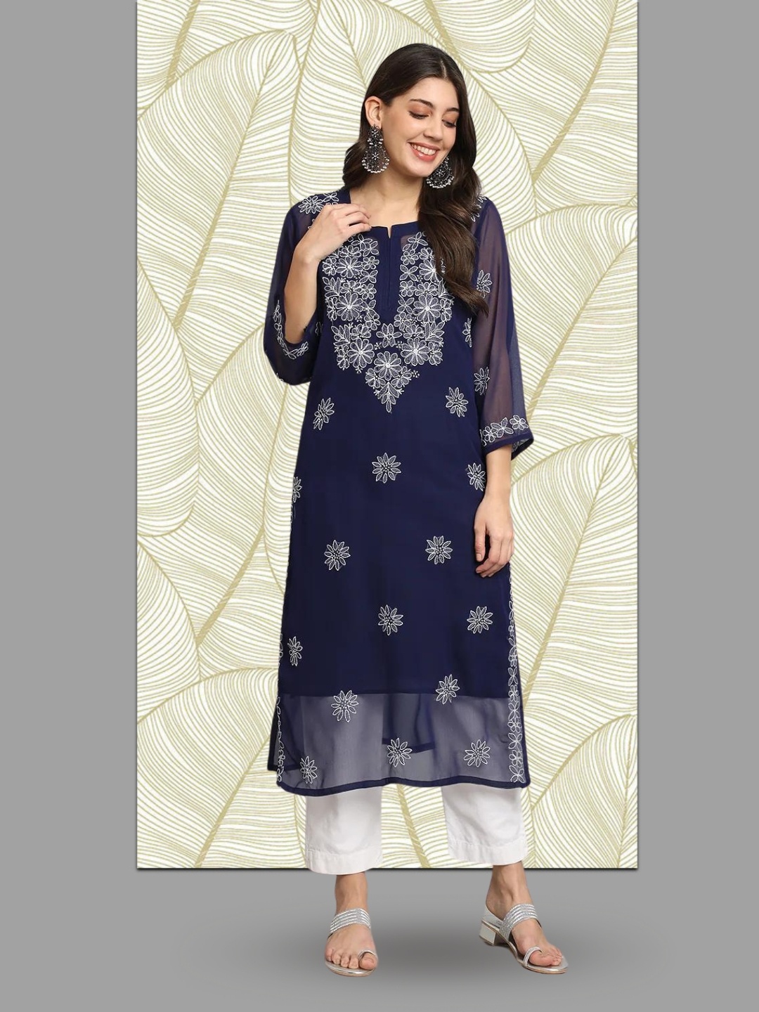 

PARAMOUNT CHIKAN Ethnic Motifs Embroidered Lucknowi Chikankari Straight Kurta With Slip, Navy blue