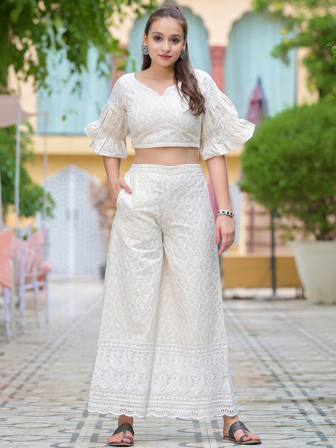 

The Kapas Floral Embroidered Schiffli Pure Cotton Crop Top With Palazzo, White