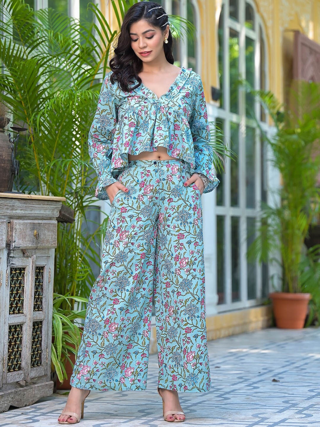 The Kapas Floral Printed V-Neck Pure Cotton Top & Palazzos Co-Ords, Blue