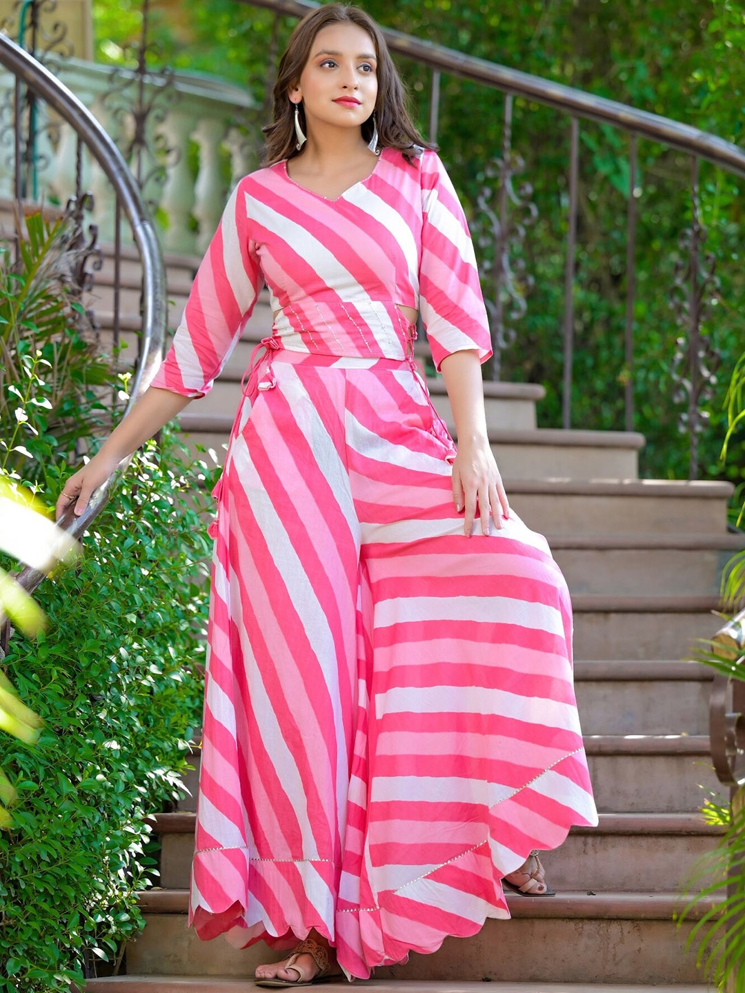 

The Kapas Striped V-Neck Pure Cotton Top & Palazzos, Pink