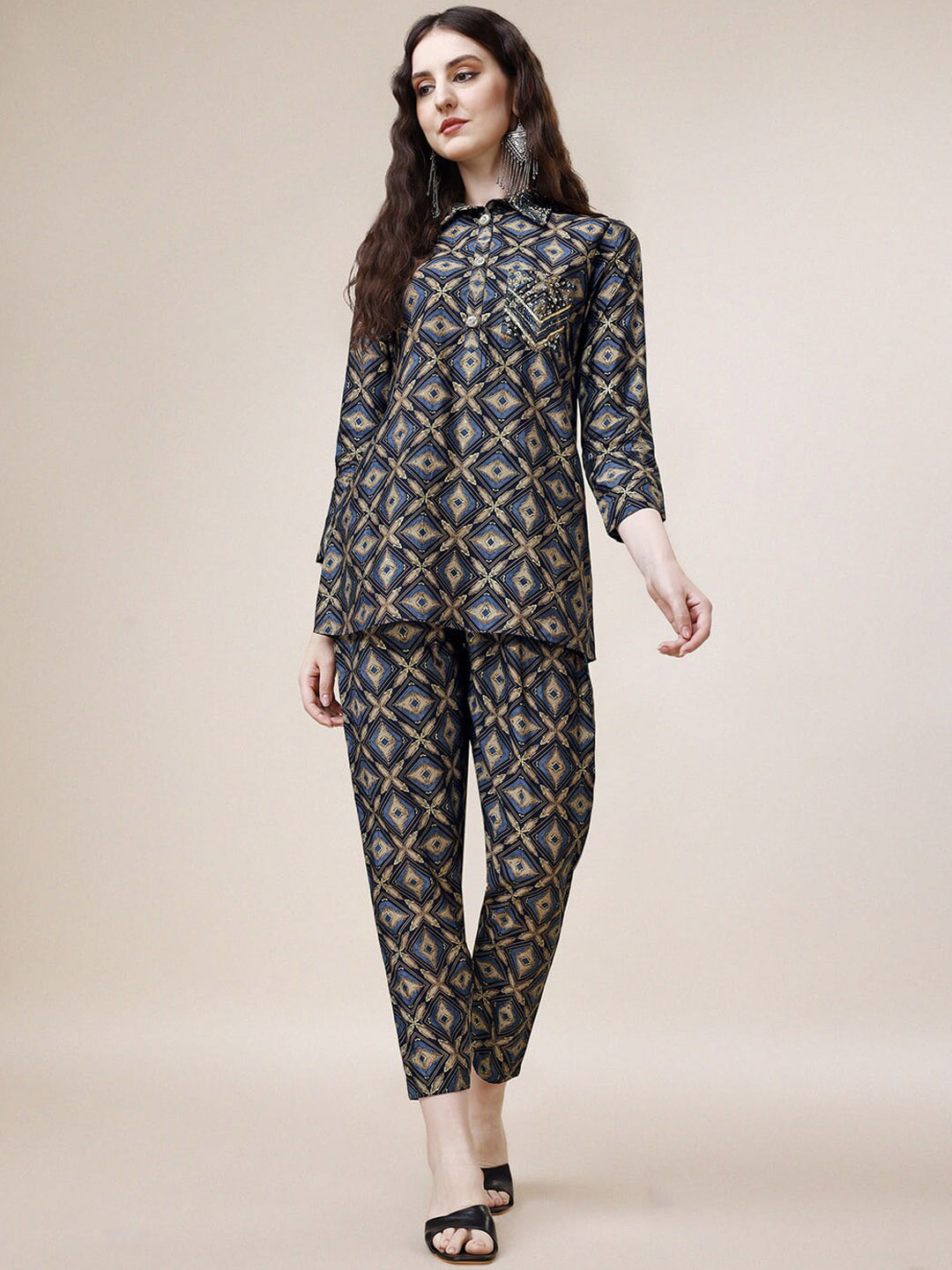 

KALINI Embroidered Tunic With Trousers Co-Ords, Navy blue