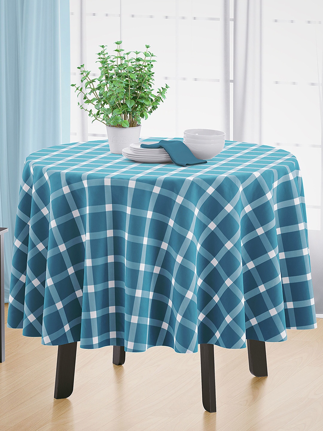

HOME COLORS.IN Blue & White 4 Seater Checked Pure Cotton Table Cover