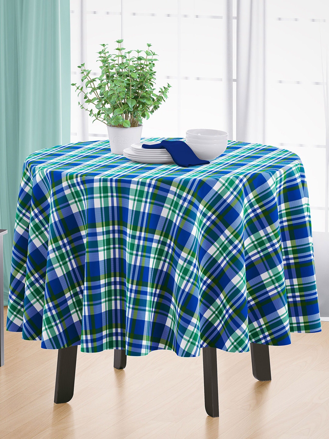 

HOME COLORS.IN Blue & Green 4-Seater Checked Pure Cotton Table Cover