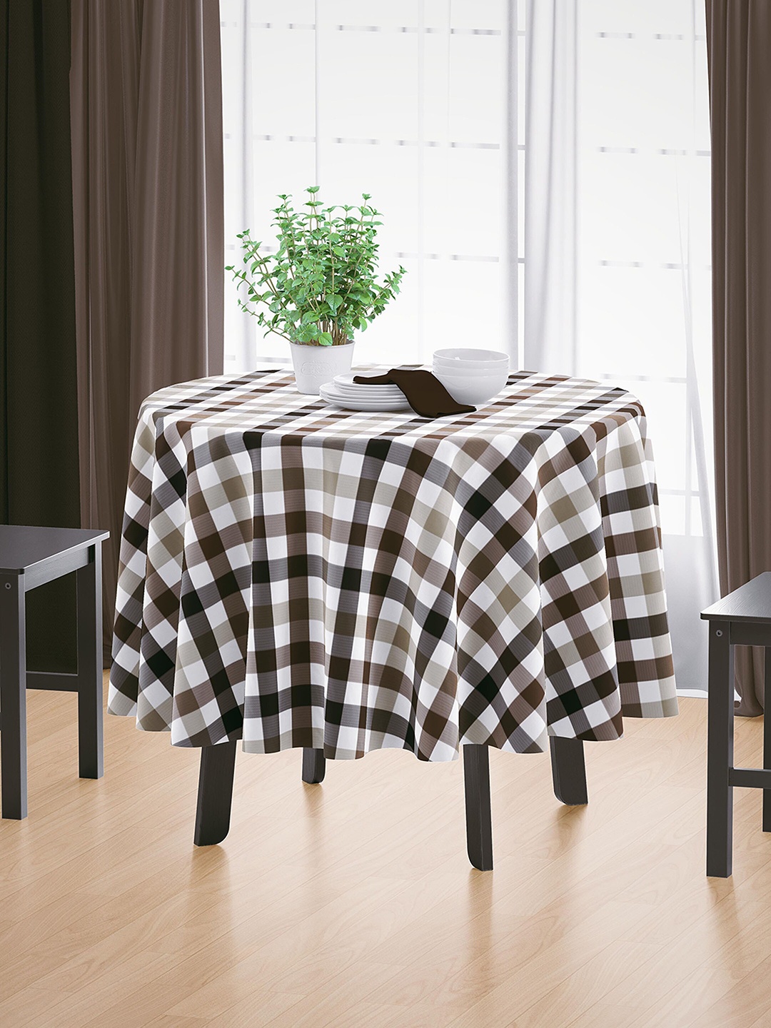 

HOME COLORS.IN Brown & White 4-Seater Checked Pure Cotton Table Cover