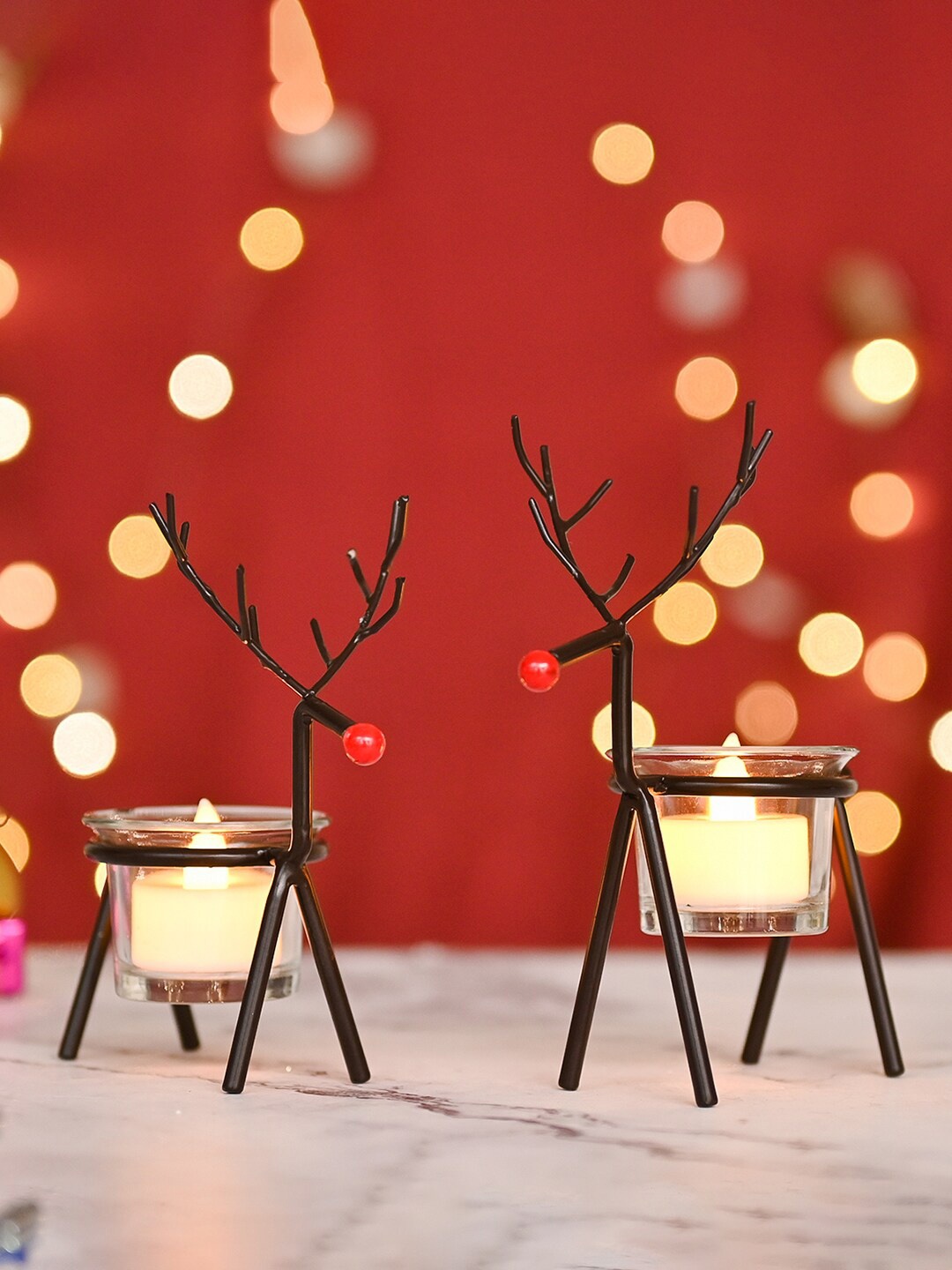

DecorTwist Black & Red 2 Pieces Textured Metal Hurricane Candle Holders