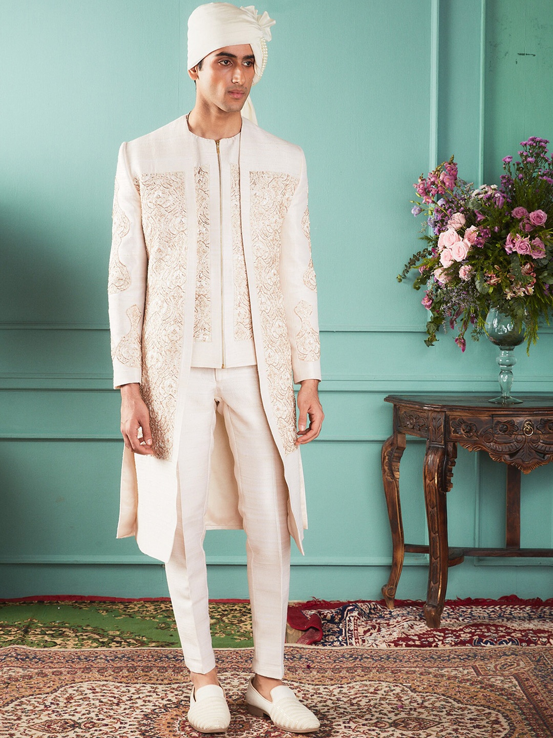 

Bindani by Jigar & Nikita Ethnic Motifs Embroidered Longline Pure Silk Sherwani Set, Off white