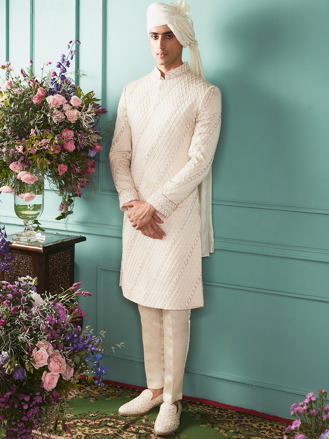 

Bindani by Jigar & Nikita Geometric Embroidered Silk Sherwani Set, Off white